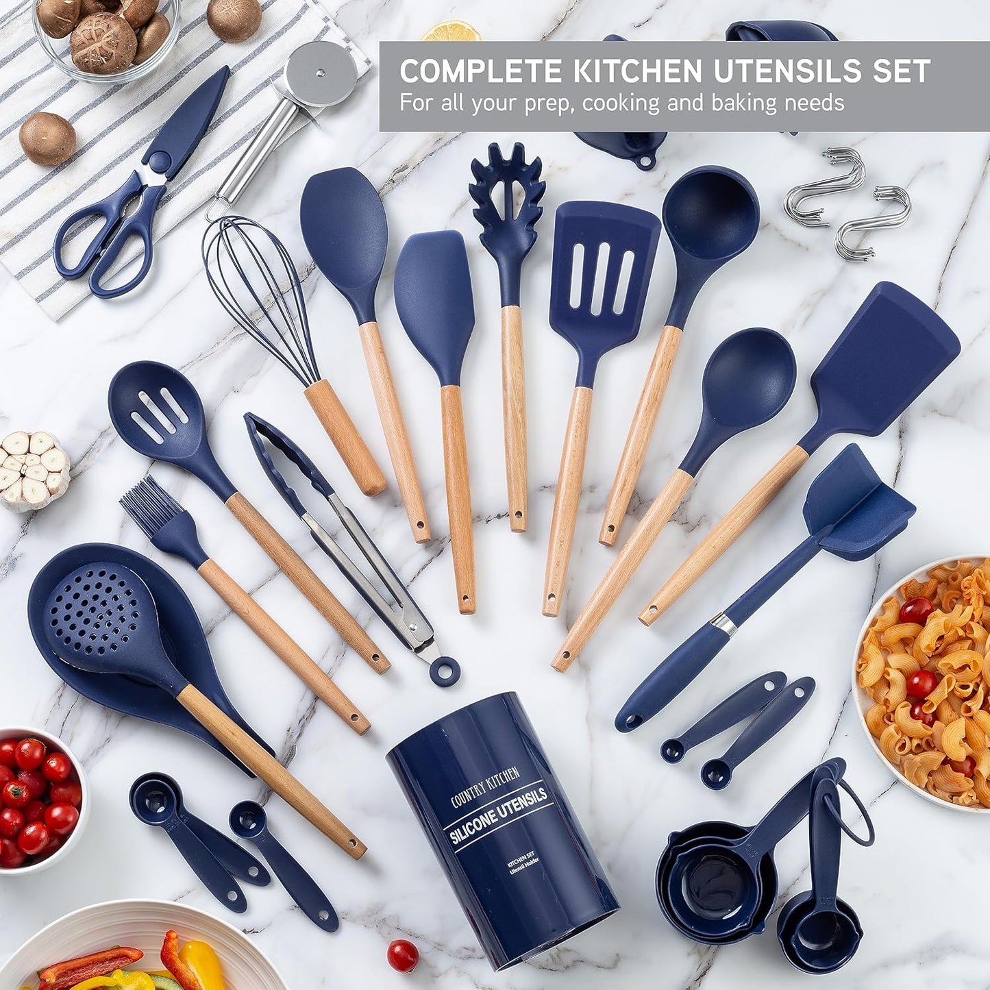 Country Kitchen Non Stick Silicone Utensil Set with Rounded Wood Handles for Cooking and Baking, 38 Piece Set, Navy