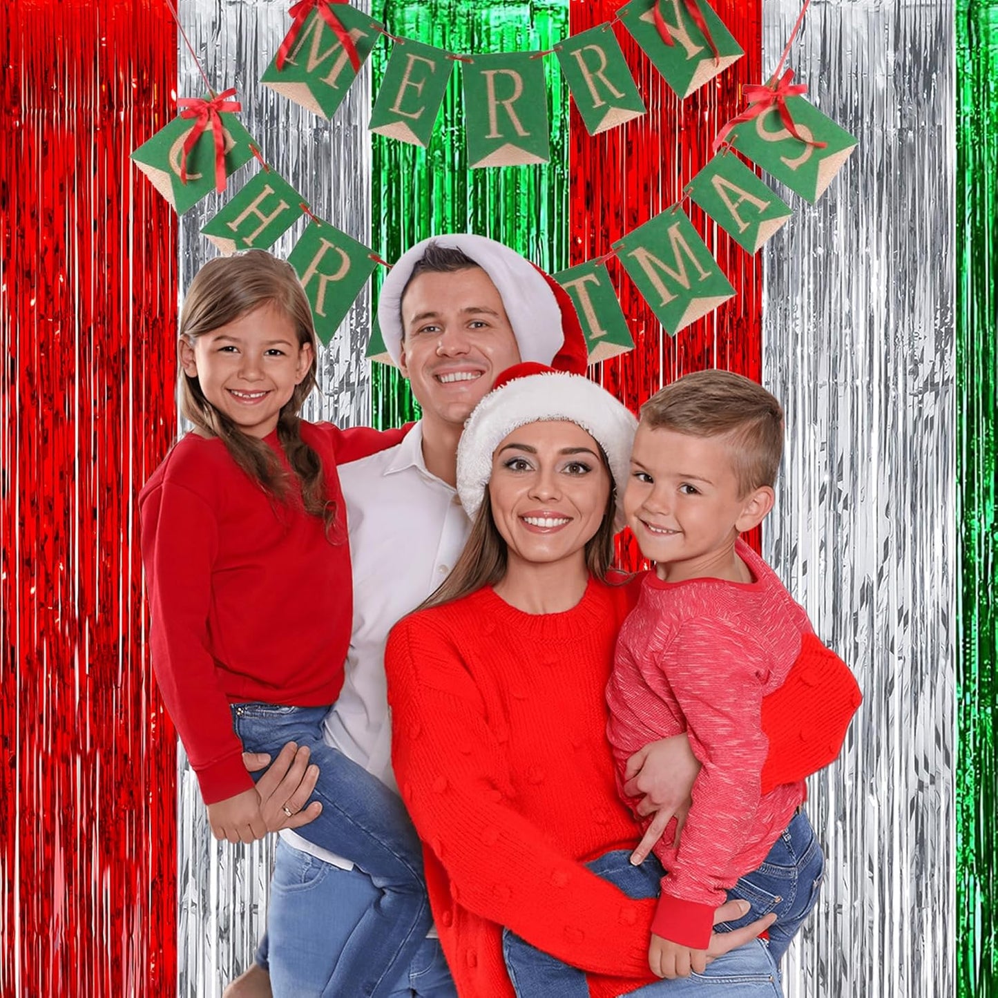 Red Silver Green Party Streamers - GREATRIL Christmas Tinsel Backdrop for Xmas Winter Italian Elf Themed Parties Decorations - 2 Packs