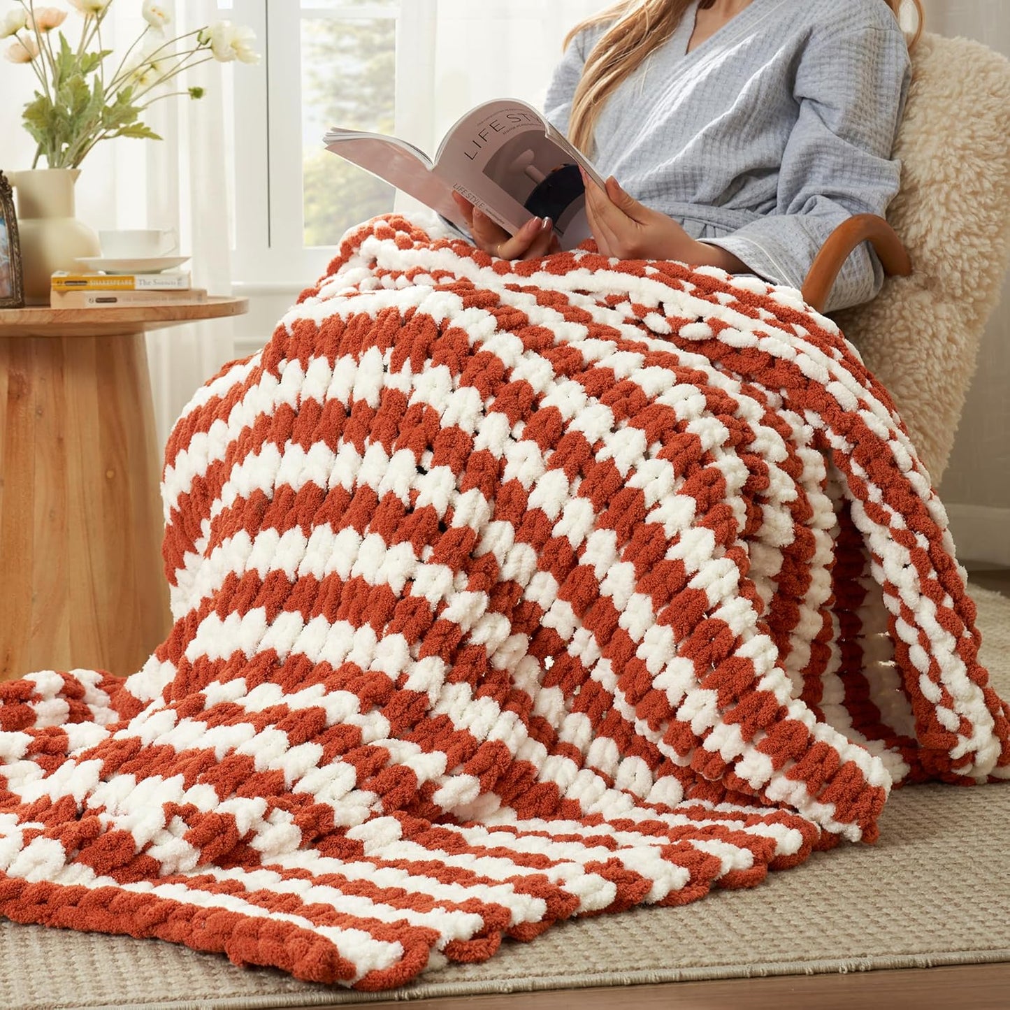 Amélie Home Chunky Knit Throw Blanket for Couch, Soft Chenille Crochet Blanket for Sofa, 50"x60", Burnt Orange & White Striped