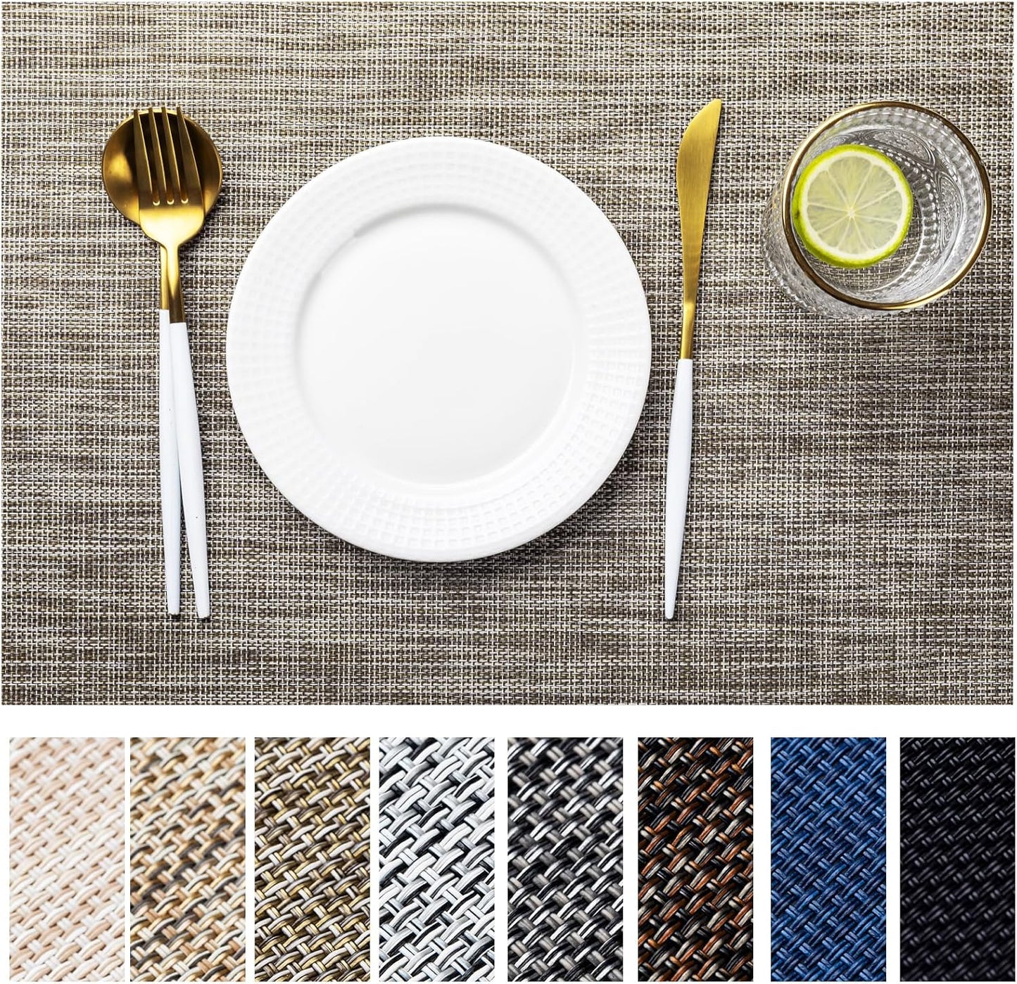 LEXMORE Placemats Set of 4 Vinyl/Plastic Woven Place Mats for Kitchen Table Indoor/Outdoor Washable Placemat Wipeable Dining Table Mats(Cappuccino)