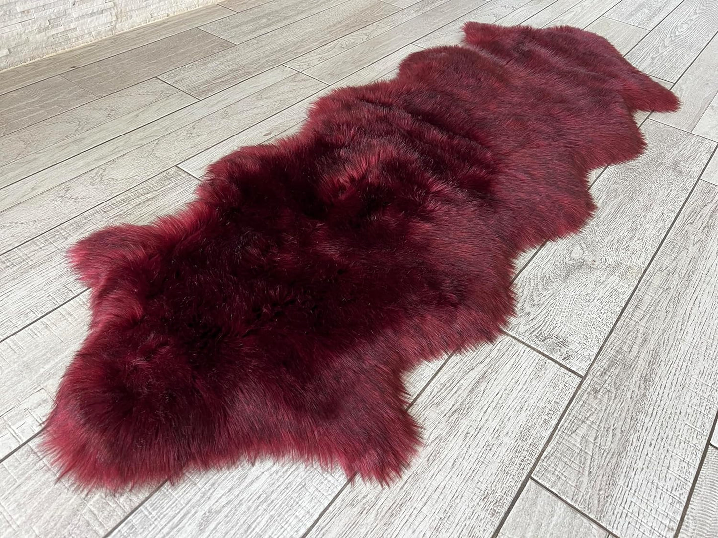 LAMBZY Faux Sheepskin Super Soft Hypoallergenic Free Shape Silky Shag Rug, Luxury Shaggy Plush Carpet for Bedrooms Living Kids Room Sofa Rugs (Burgundy, Double 2'x6')