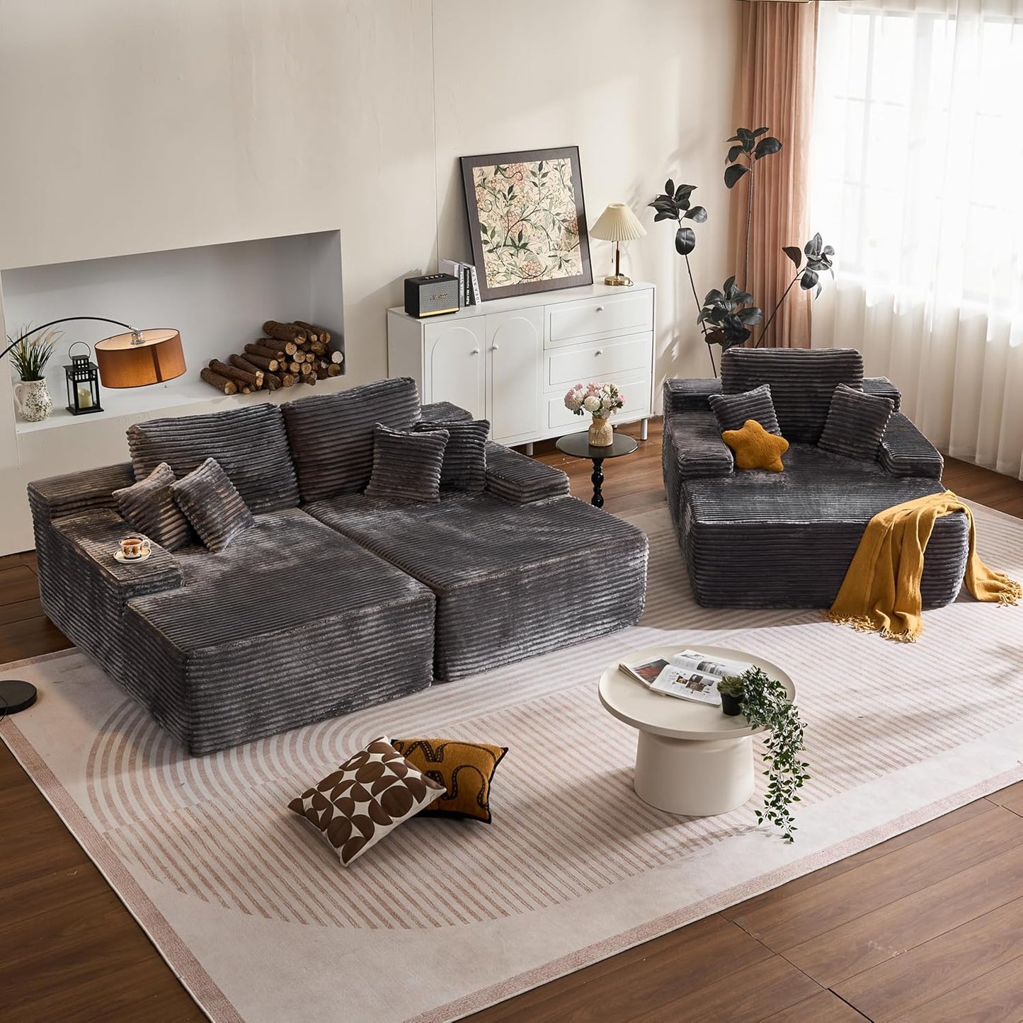 HOOOWOOO Cloud Sectional Couches for Living Room,Modular Sectional Sofa No Assembly,Plush Corduroy Large Floor Couch Furniture Set with Deep Seat Double Chaise and Singlar Lounge(Gray)