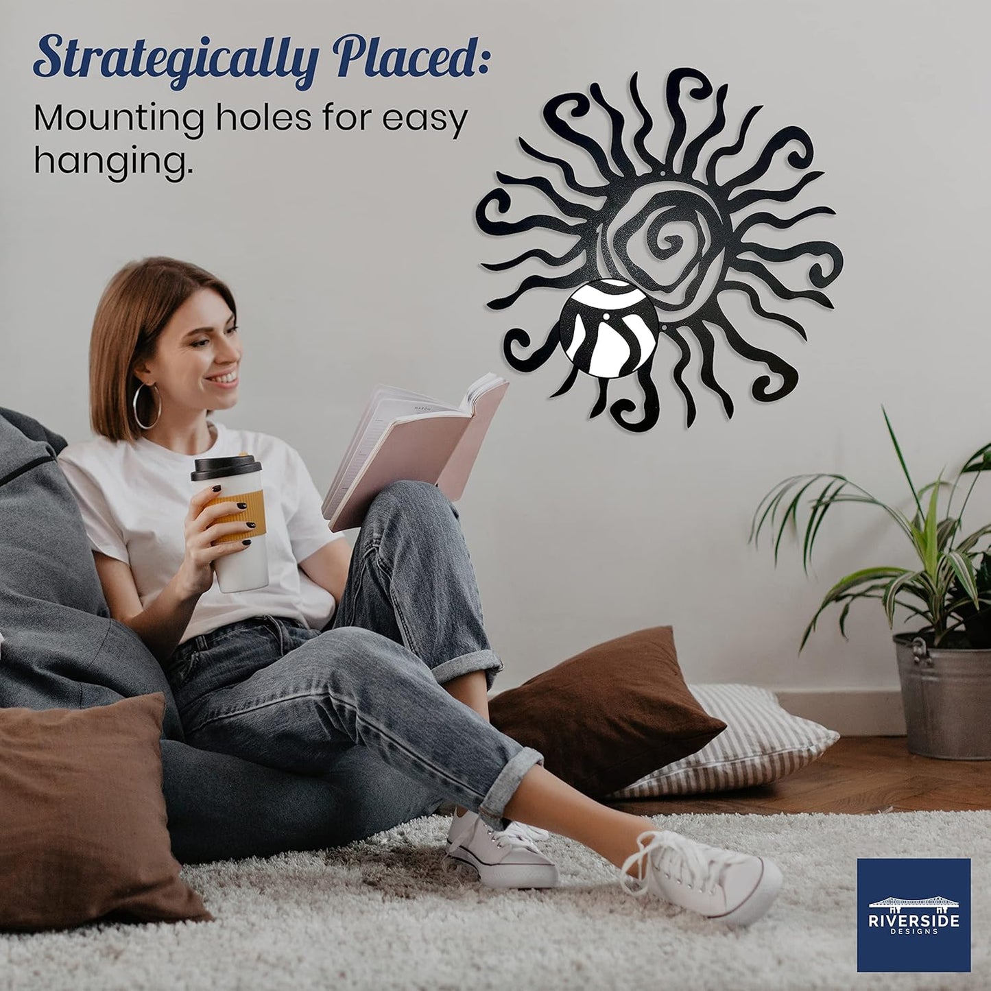 Riverside Designs Wacky Sun Metal Wall Art Indoor/Outdoor Decor - 36" Black Rust Proof Wall Sculpture - Made in USA - Ideal for Bedroom, Garden, Home, Patio and Farmhouse