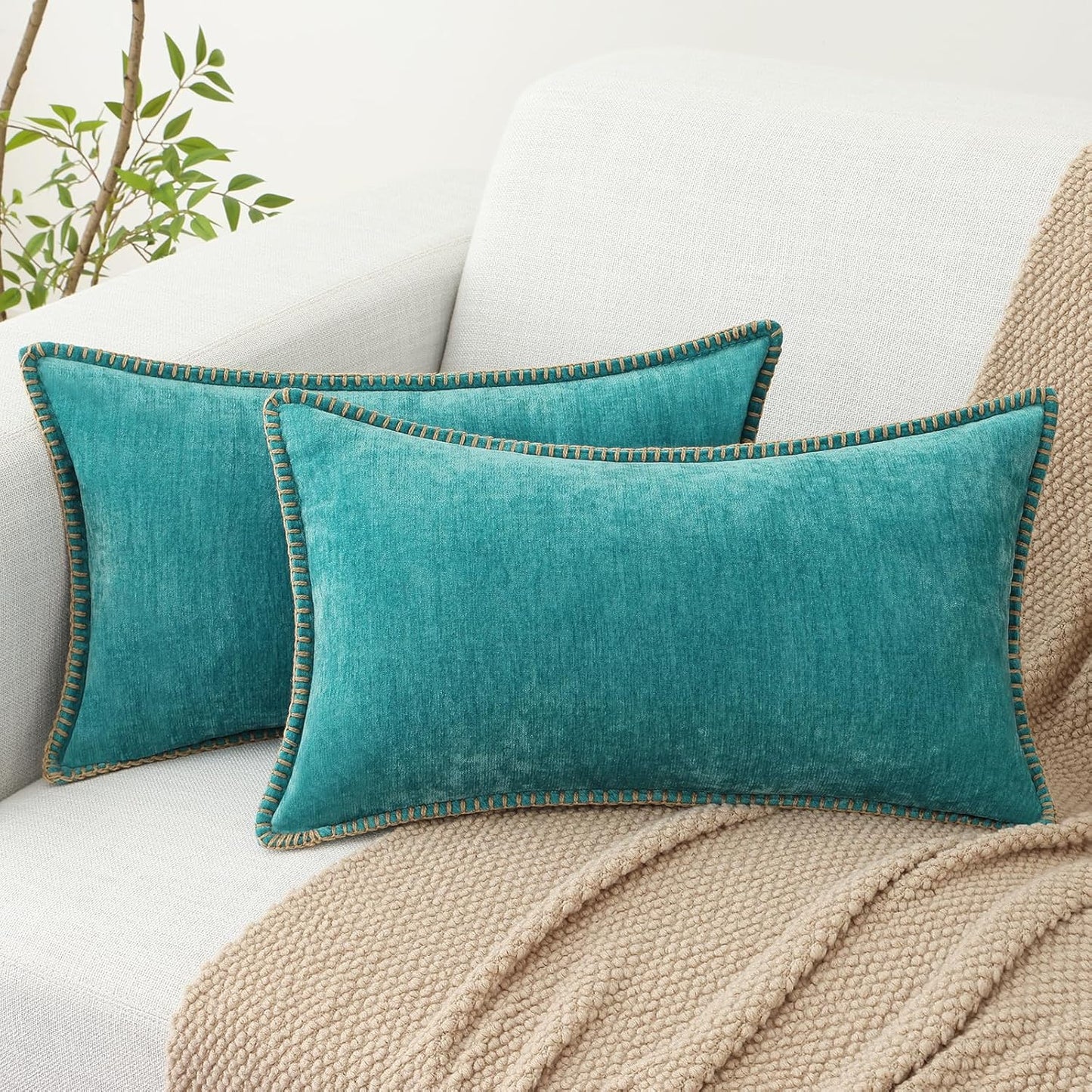 decorUhome Chenille Soft Throw Pillow Covers 12x20 Set of 2, Lumbar Velvet Farmhouse Neutral Decorative Euro Pillow Covers with Stitched Edge for Couch Sofa Bed Home Decor, Turquoise