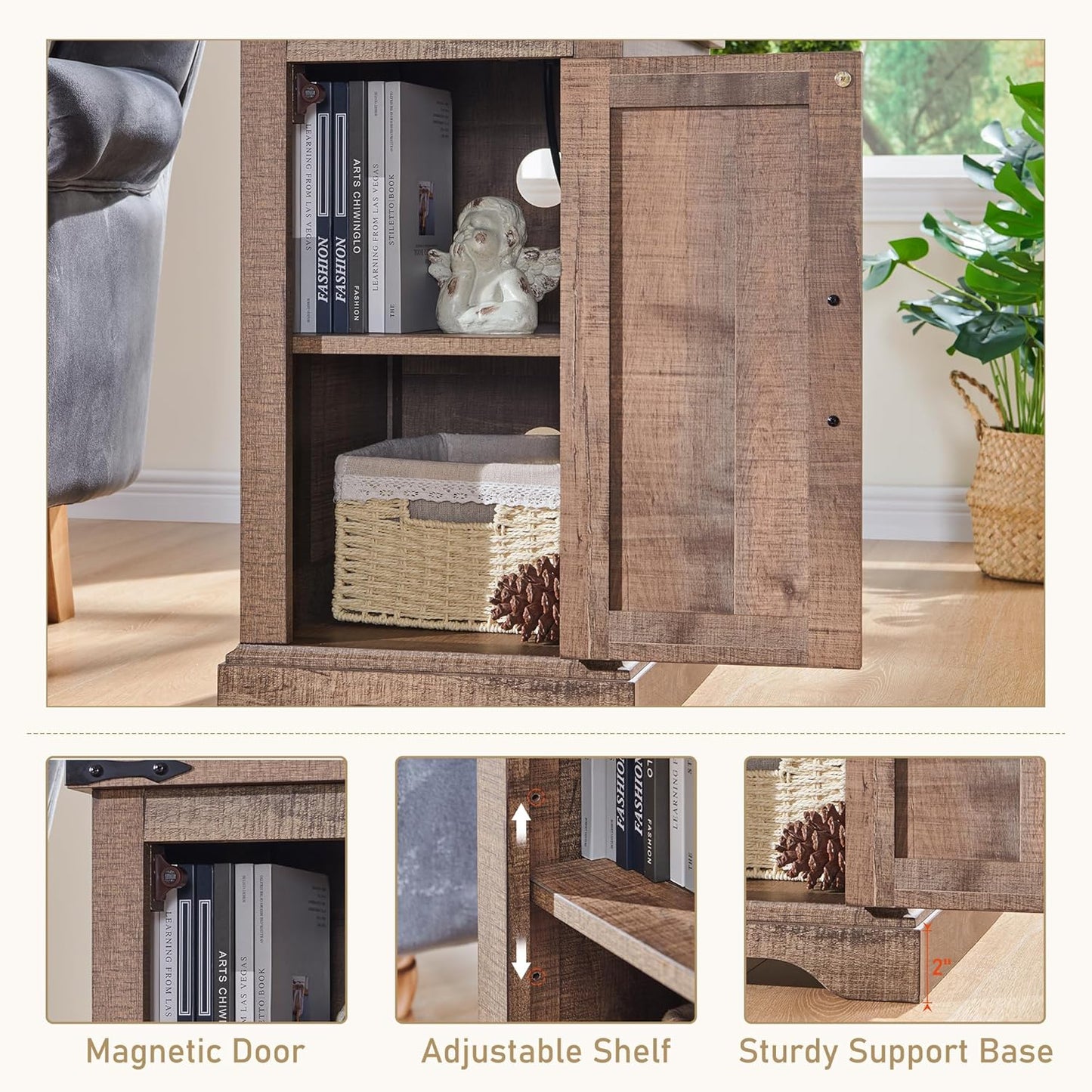 JXQTLINGMU Farmhouse Nightstand Set of 2 with Charging Station, 17"D Rectangular End Table with Barn Door & Adjustable Storage Shelf, Wood Rustic Sofa Side Table for Living Room, Bedroom, Light Brown