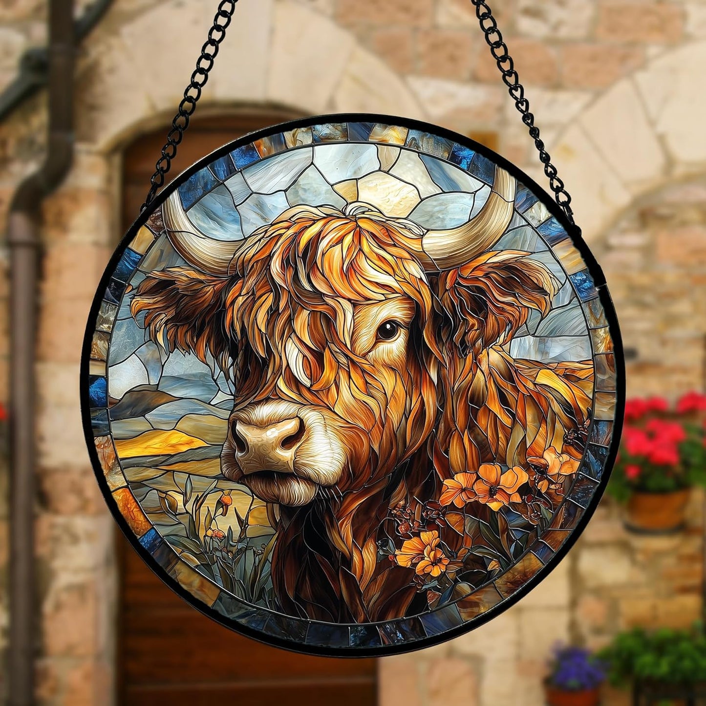 Stained Glass Window Hanging - Funny Cow Flower Suncatcher Ready to Hang Window Doors Home Decoration and Christmas, Mother's Day Birthday Gifts for Women, Men, and Mom 11.8x11.8 in