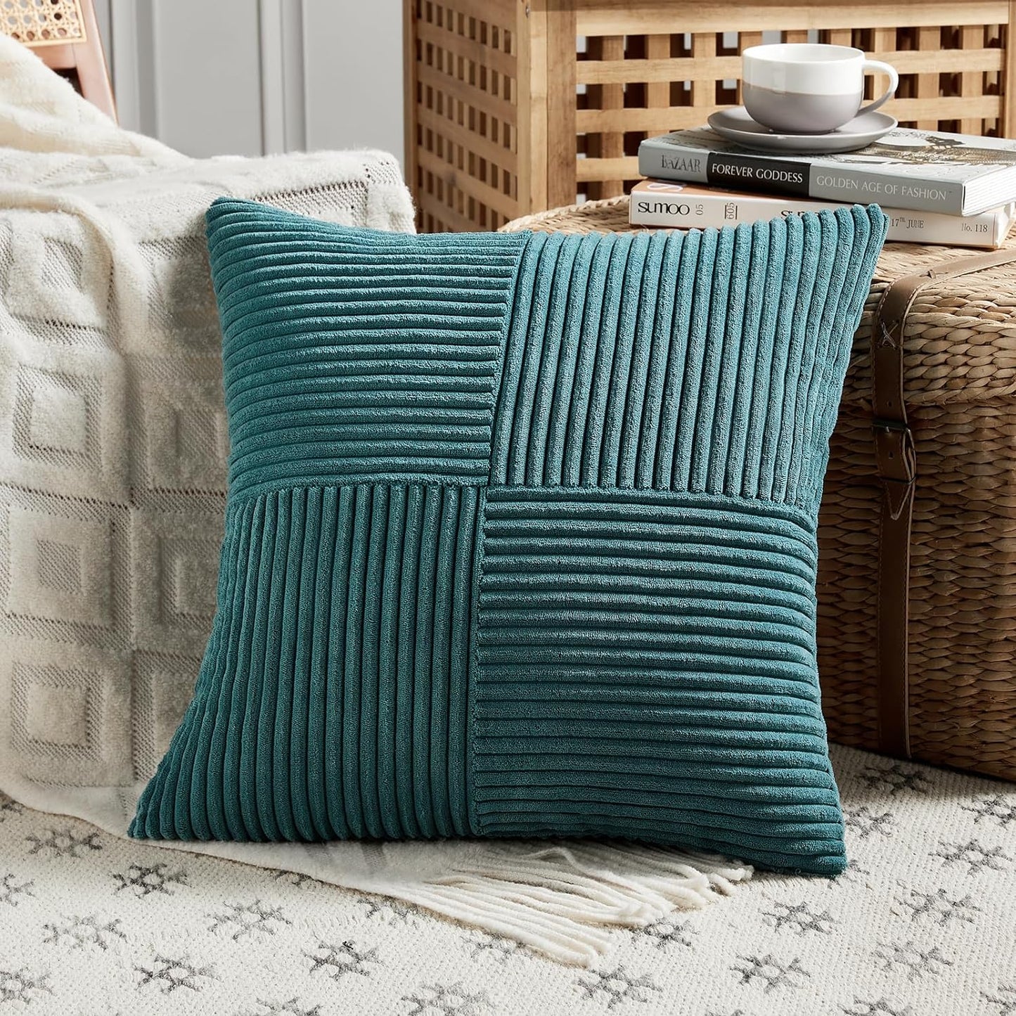 Fancy Homi 2 Packs Teal Euro Decorative Throw Pillow Covers 28x28 Inch for Couch Bed Sofa, Rustic Farmhouse Boho Home Decor, Soft Corss Corduroy Patchwork Textured Square Cushion Case 71x71 cm
