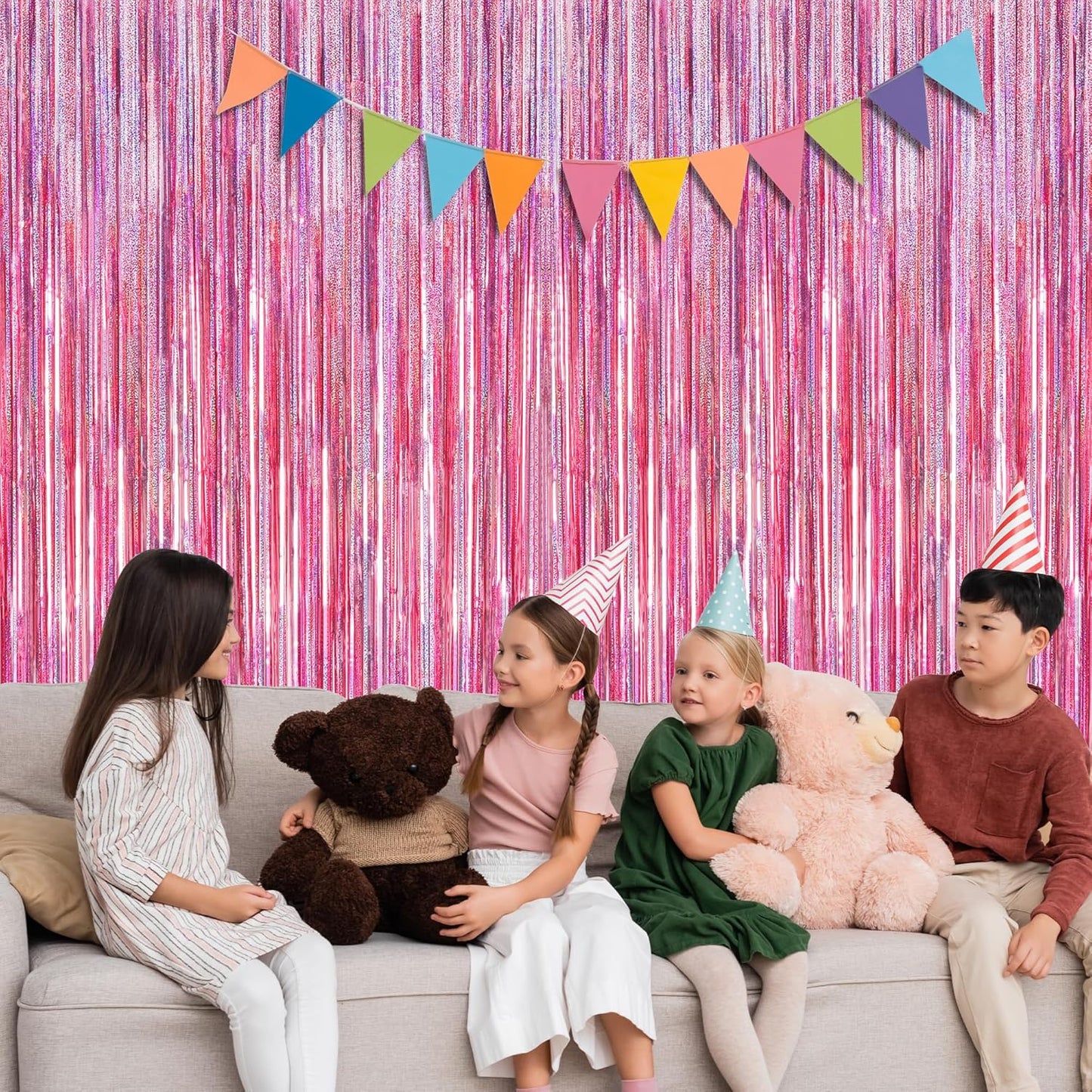 8 Pack Pink Backdrop, 3.28 FT x 7.05 FT Fringe Curtains, Metallic Glitter Pink Fringe Party Streamer Foil Curtains Tinsel Backdrop, Pink Decorations Bachelorette Party Supplies Birthday Decor