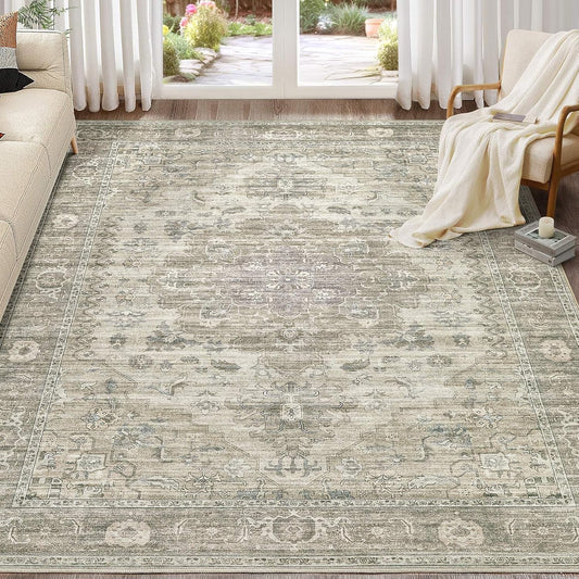 Washable Area Rugs for Living Room -10x13 Neutral Vintage Distressed Floral Farmhouse Boho Large Soft Floor Rug Indoor Non Slip Carpet for Living Room Bedroom Dining Room Office-Brown/Tan