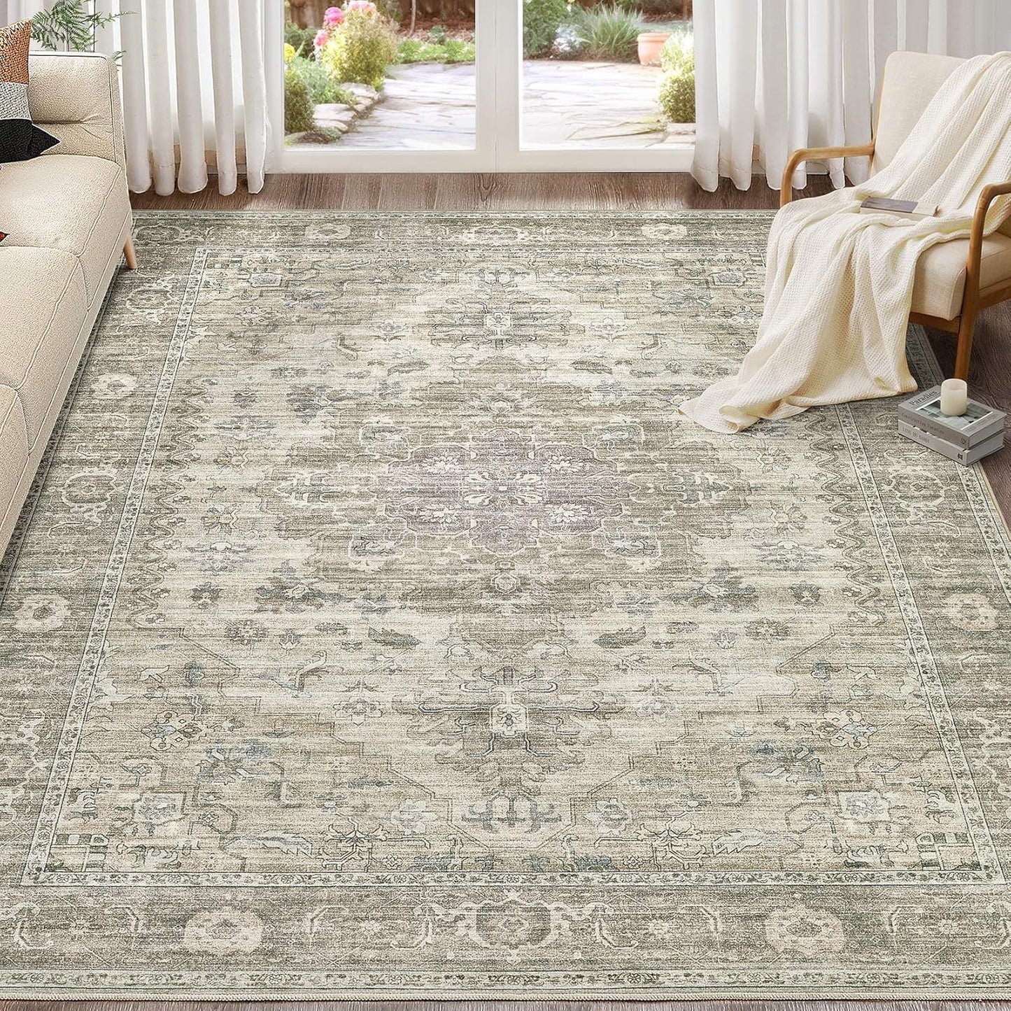 Washable Area Rugs for Living Room - 7x9 Neutral Vintage Distressed Floral Farmhouse Boho Large Soft Floor Rug Indoor Non Slip Carpet for Living Room Bedroom Dining Room Office - Brown/Tan