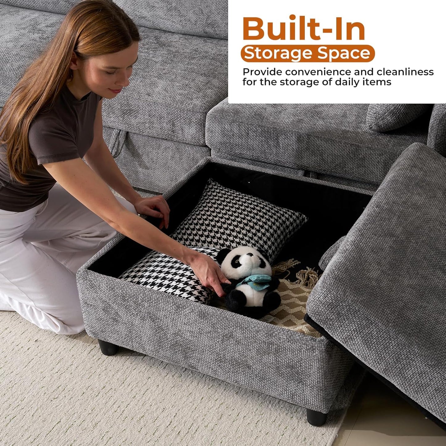 132'' Oversized Modular Sectional Sofa, L Shaped Comfy Cloud Sectional Couch with Storage, 5 Seat Extra Deep Seat Modular Sofas with Throw Pillows for Living Room, Grey