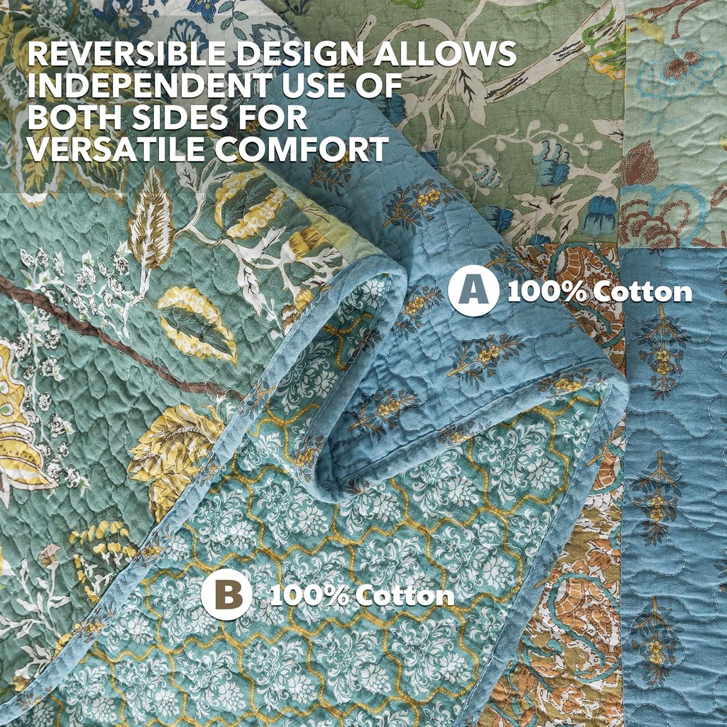 NEWLAKE Cotton Patchwork Bedspread, 3-Piece Bedding Quilt Set with Real Stitched Embroidery, Reversible Matelasse Bed Coverlet Set,Green Farmhouse Garden,Queen Size