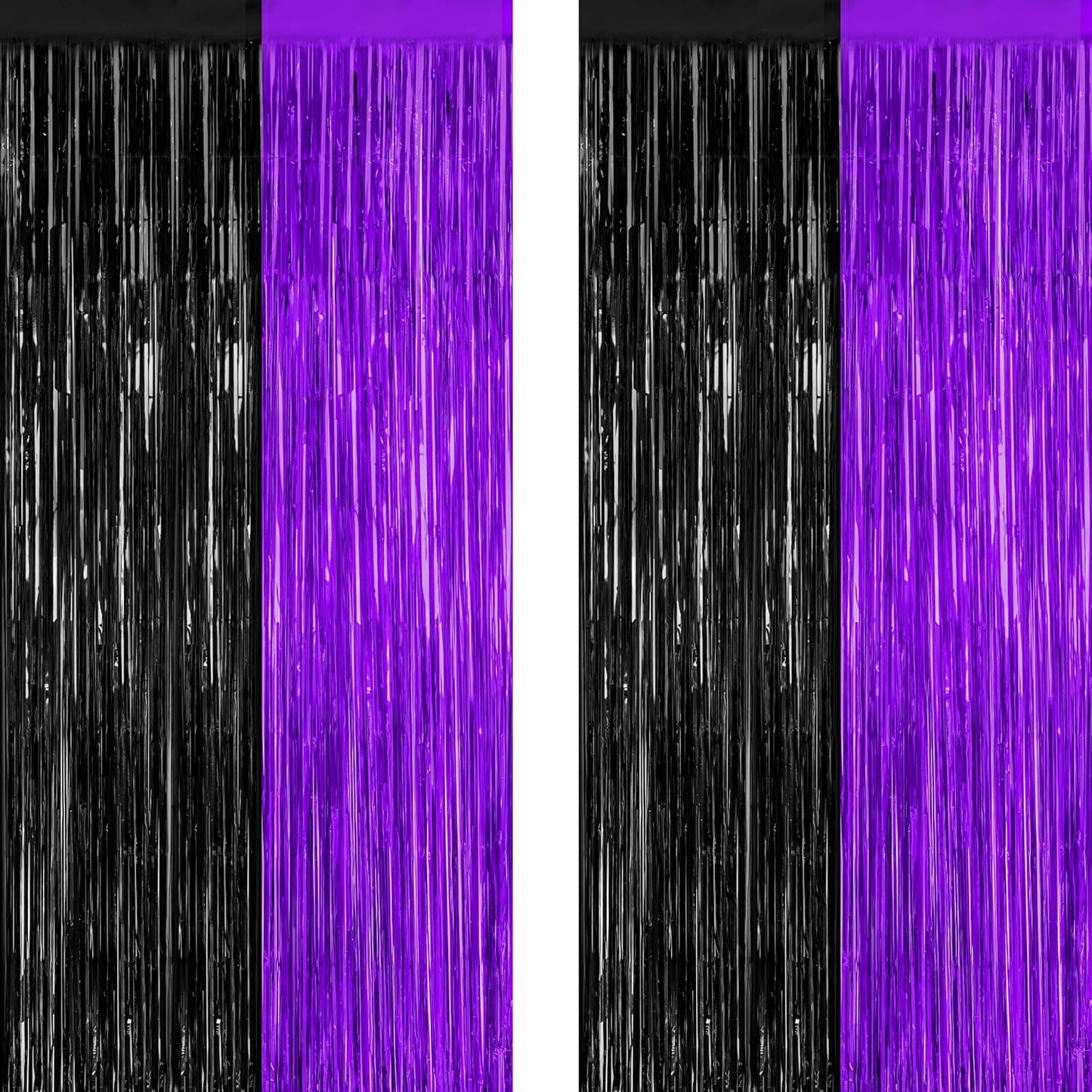 2 Pack Halloween Decor, 3.28 FT x 7.05 FT Purple and Black Foil Streamer, Metallic Fringe Curtains Tinsel Backdrop Party Streamer, Indoor Halloween Decorations Party Supplies Photo Booth Props