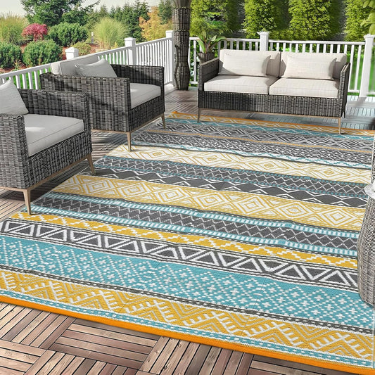 GAOMON Outdoor Rug for Patio 5'x8' Reversible Plastic Rugs Camping Mat for Outdoor, RV, Backyard, Deck, Balcony, Picnic, Beach, Teal/Yellow(Bohemia)