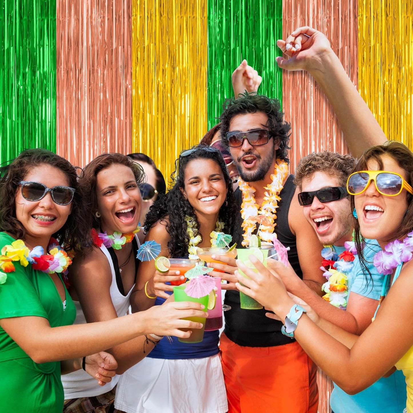 12 Pack Hawaiian Party Decorations, 3.28 FT x 7.05 FT Luau Party Decorations, Green Brown Yellow Backdrop Fringe Curtains Foil Streamer, Metallic Summer Decor Photo Booth Props