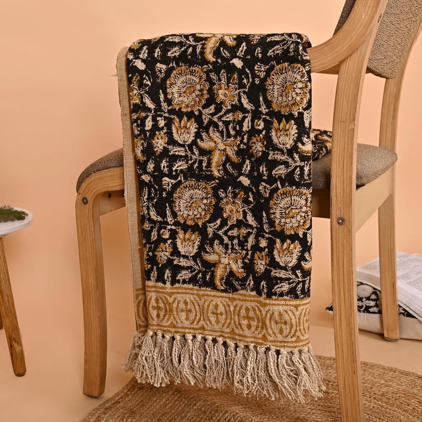 Bohemian Floral Cotton Throw Blanket with Tassels | 48x70 Inch Handblock Printed Sofa Throw | Black & Gold Decorative Bed Cover | Lightweight Couch Throw for Living Room & Bedroom