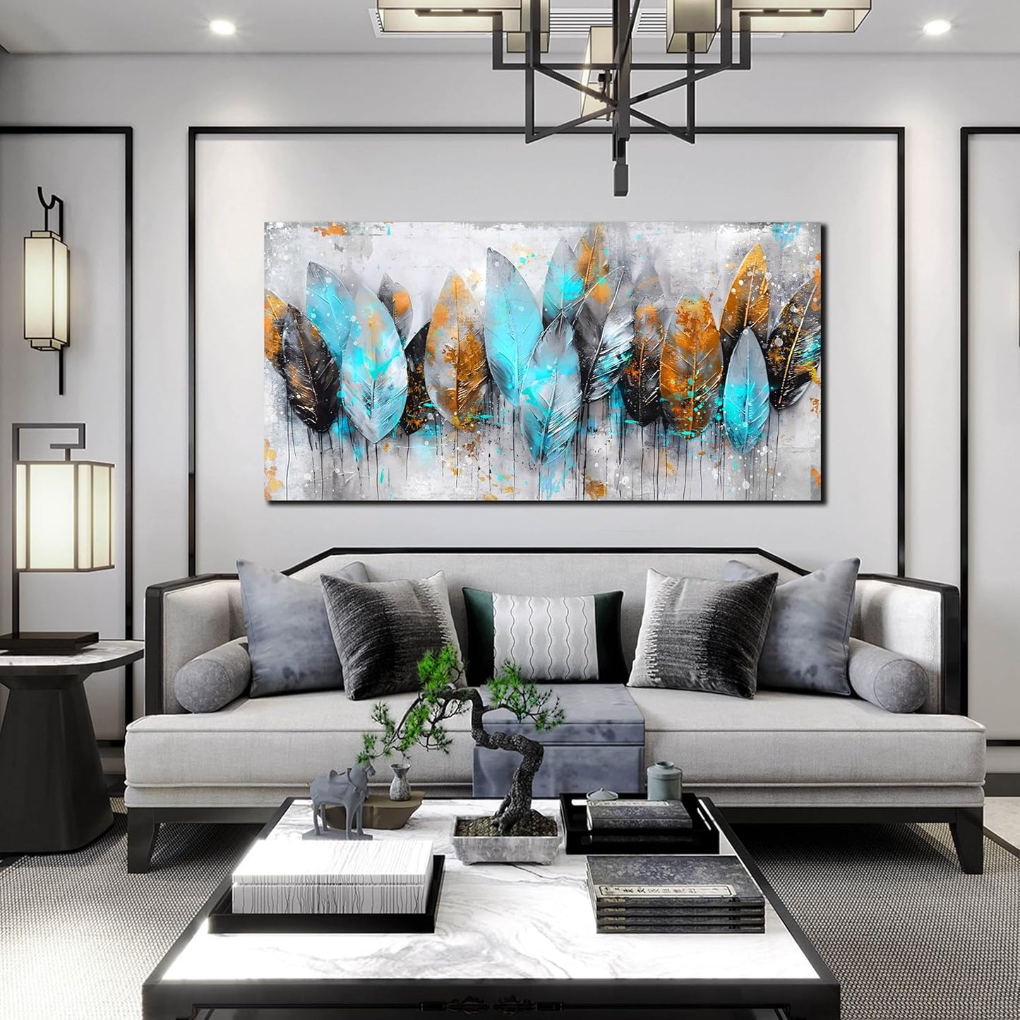 LAOTOART Leaf Canvas Wall Art - Modern Blue and Gray Living Room Wall Art - Abstract Artwork for Walls Ready to Hang Size 24" x 48"