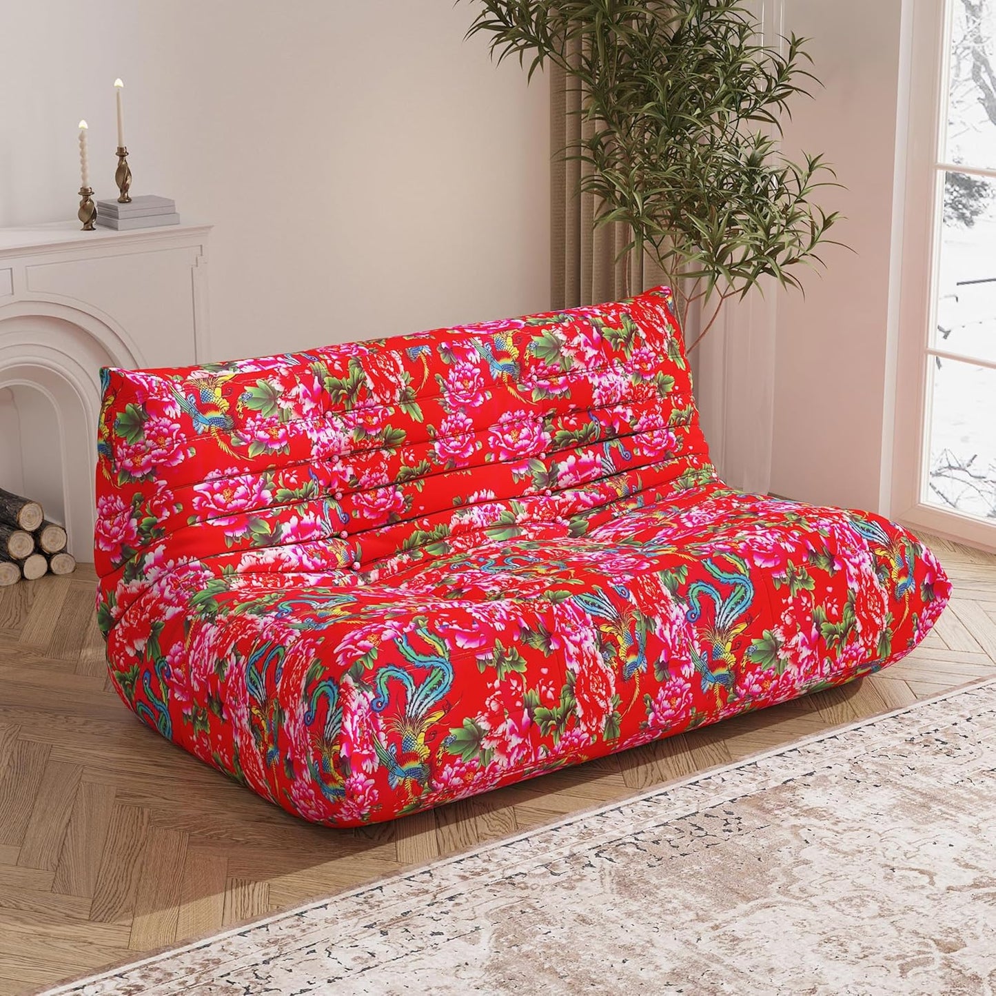 Bean Bag Chair, Loveseat Fireside Chair Bean Bag Sofa Large Bean Bag Chair for Adults, 2 Seater Bean Bag Chairs for Teens with High Density Comfortable Foam, Bean Bag for Living Room, Bedroom (Flower)