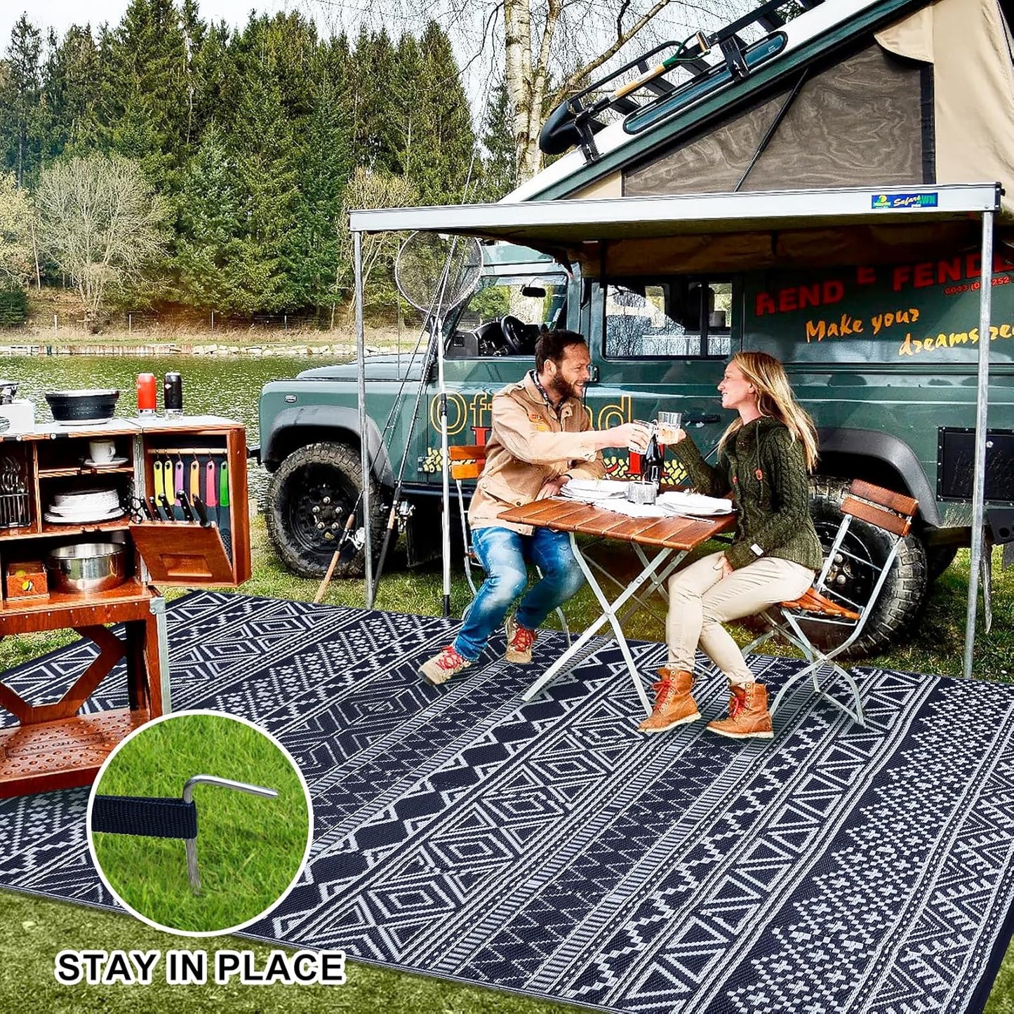 GAOMON Outdoor Rug 9'x12' Waterproof Rug for Patio Decor, Foldable Reversible Plastic Straw Area Rugs Mat for Camper, Outside Carpet for Deck, Porch, Picnic, Beach, Dark Blue/White(Bohemia)