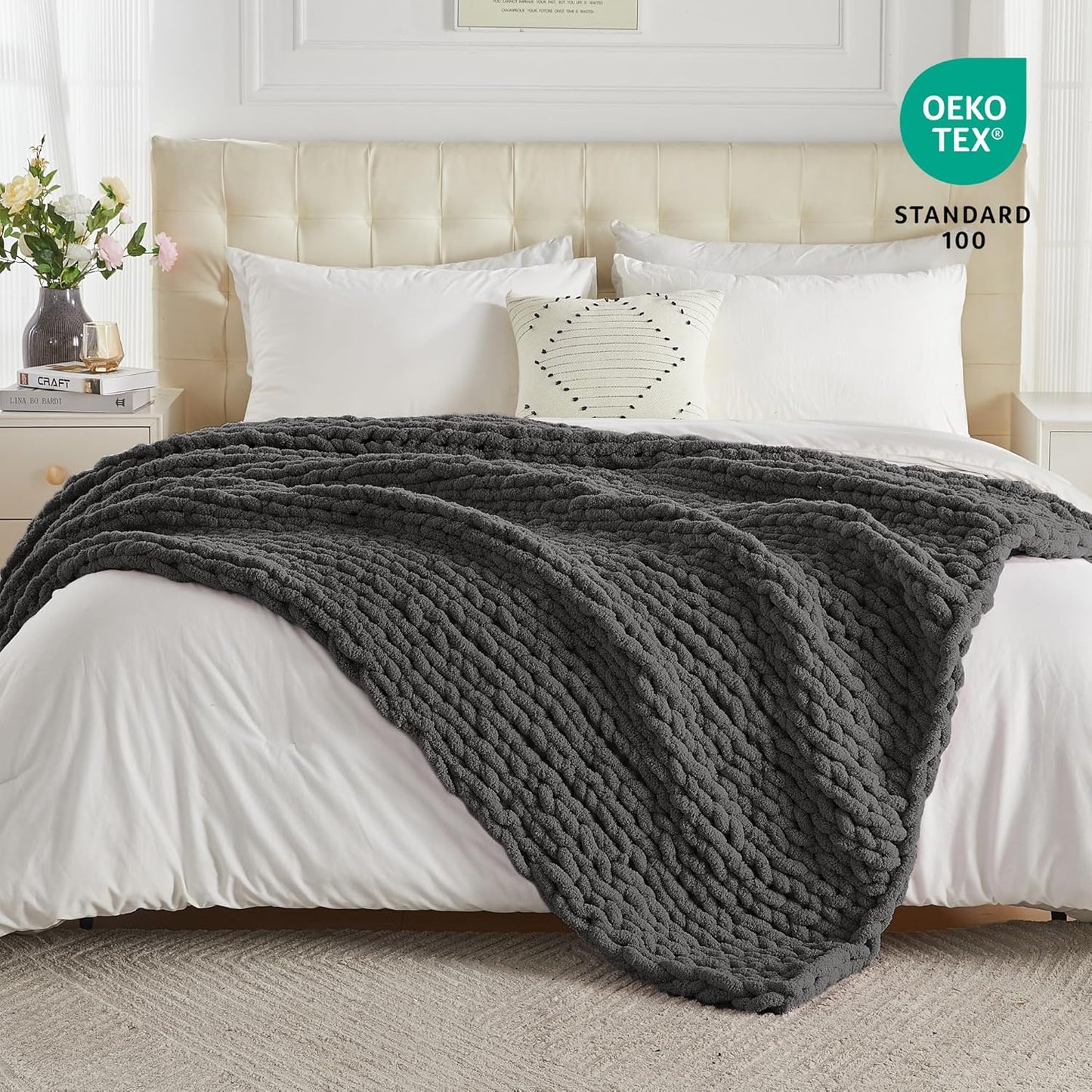 Carriediosa Chunky Knit Throw Blanket 50" X 60", 100% Hand Made Large Chenille Loop Yarn Soft Fluffy Throws for Couch Sofa Bed, Big Crochet Cozy Heavy Thick Cable Woven Blankets, Dark Grey
