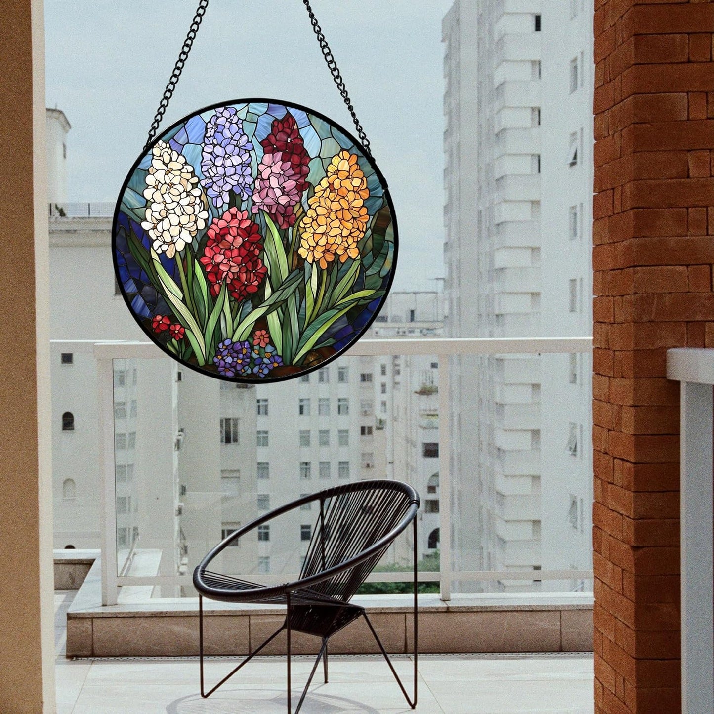 Stained Glass Window Hanging, Colorful Hyacinth Flowers Suncatcher for Doors Window Home Plant Sun Catchers Decoration Mother's Day Birthday Gifts for Women, Men, and Mom 6.3x6.3 in