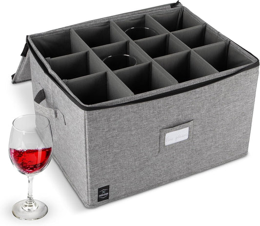Wine Glass Storage, Holds 12 Stemware Glasses, Stackable, Fully-Padded Inside with Hard Top and Sides (Grey)