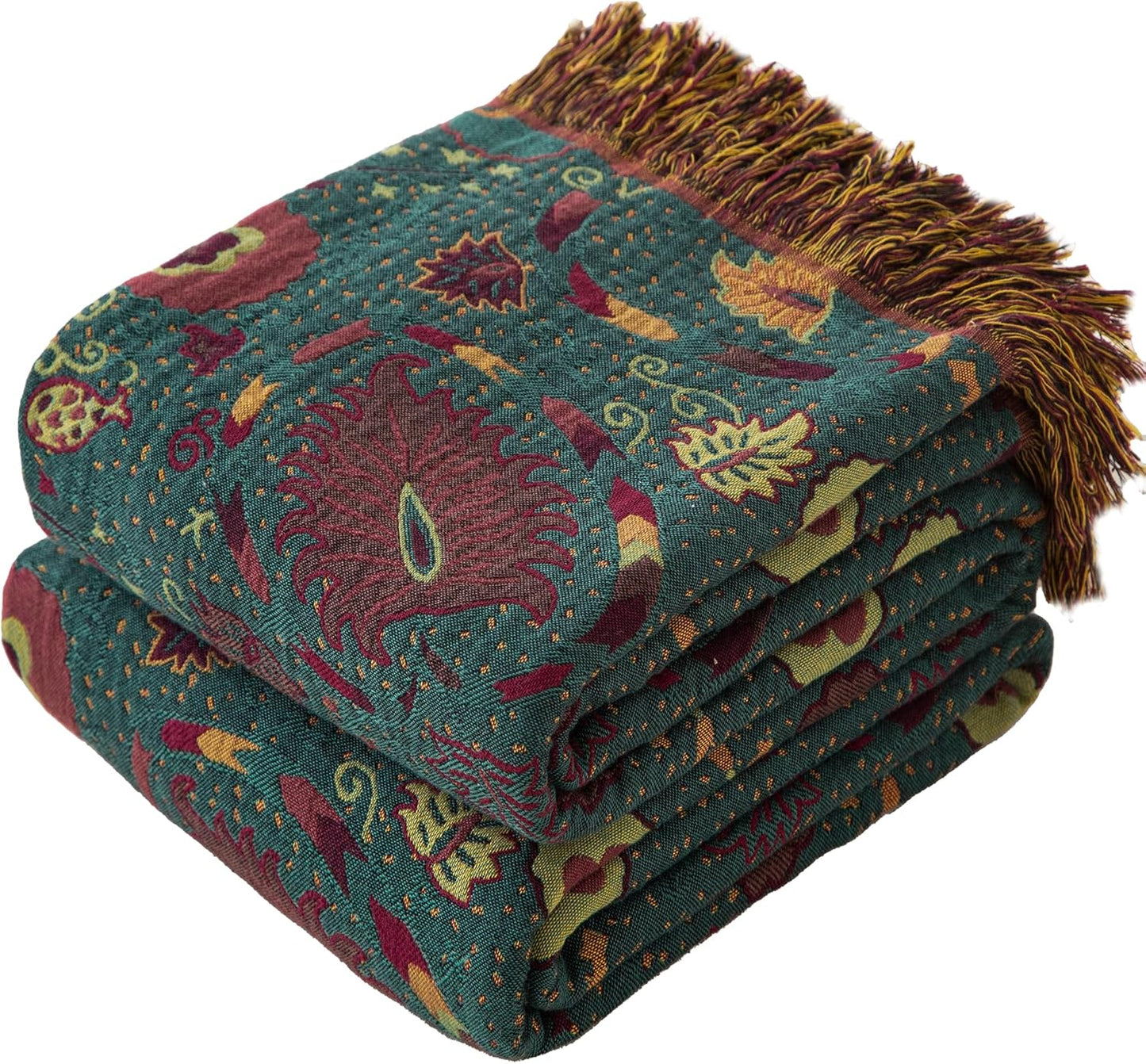 Boho Throw Blanket Twin Size, Soft Cozy Cotton Muslin Quilt Blanket for Bed Decor, Floral Patterned Couch Sofa Chair Cover, Vintage Farmhouse Cottage Tapestry Woven Blanket, Green&Orange