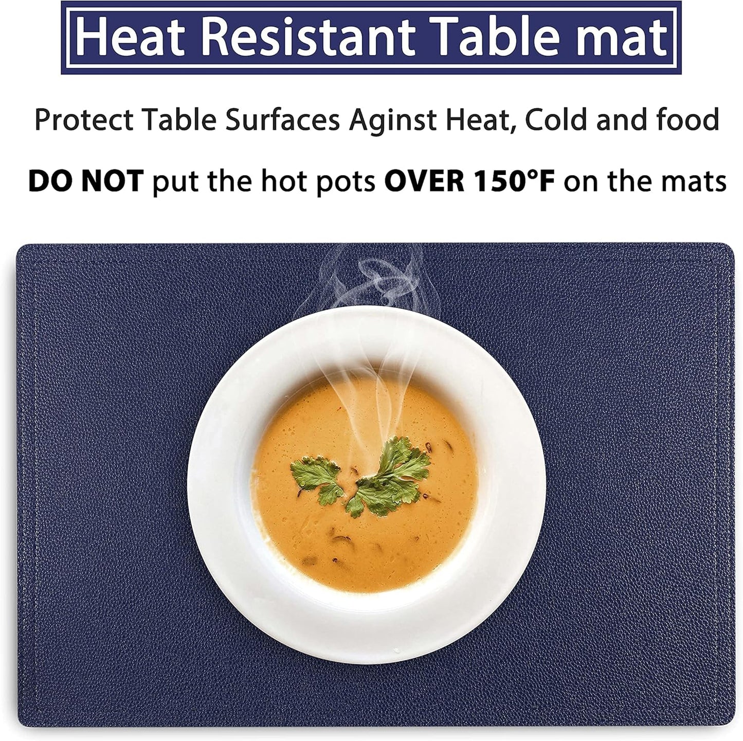 Set of 6 Faux Leather Placemats, PU Table Mats, Waterproof, Stain Resistant, Heat Resistant, Non-Slip Easy to Clean for Kitchen Dining Table,Conference Table C Blue Rectangle