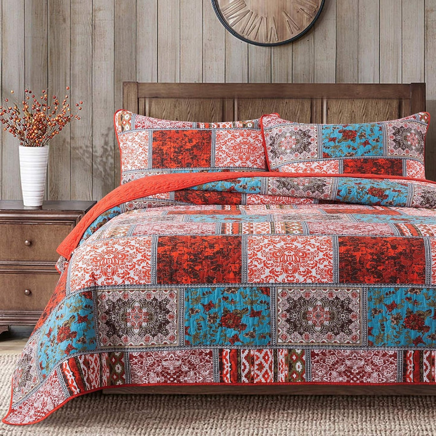 NEWLAKE Cotton Bedspread Quilt Sets-Reversible Patchwork Coverlet Set, Mediterranean Classic Bohemian Pattern,Queen Size