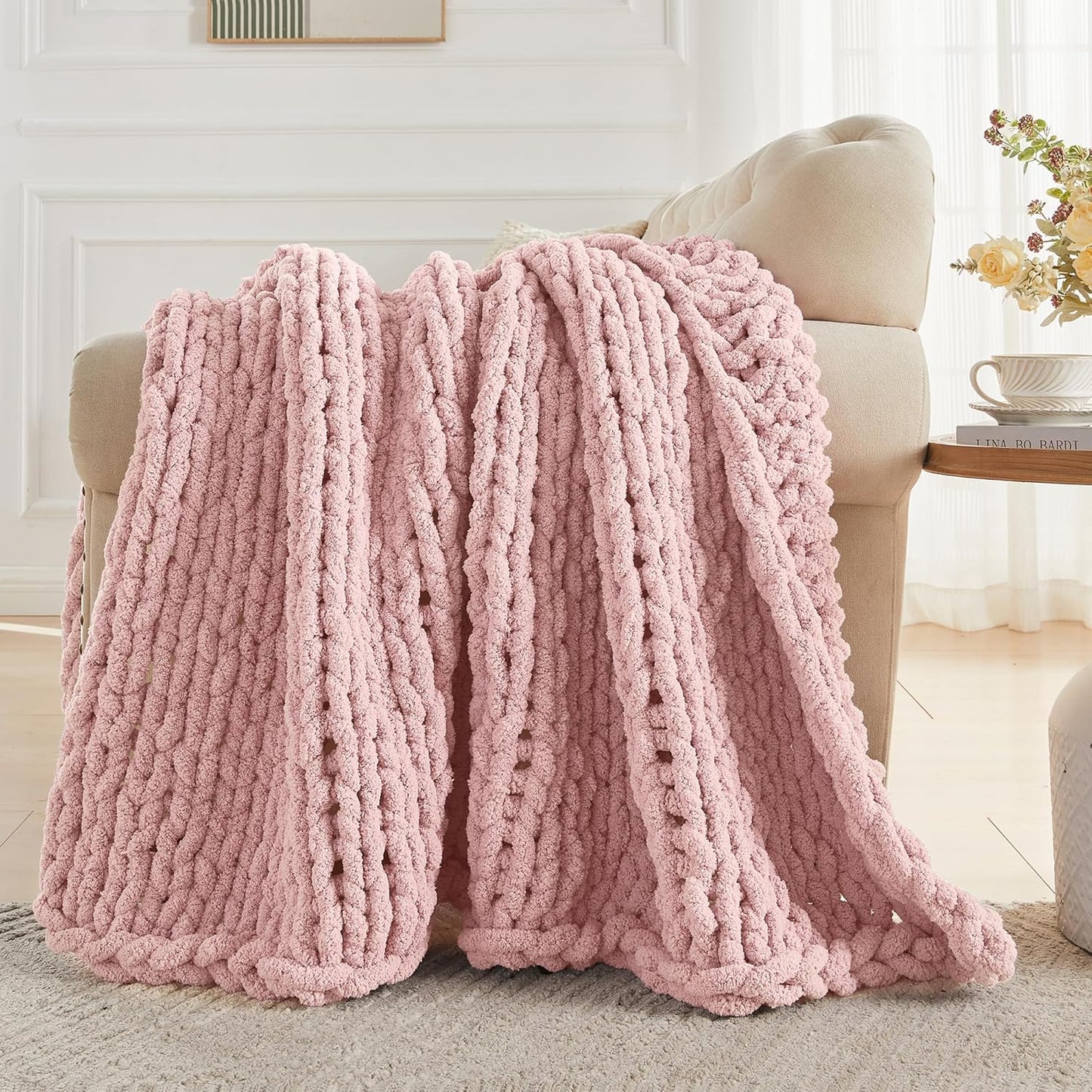 Carriediosa Chunky Knit Throw Blanket 60" X 80" Twin, 100% Hand Made Large Chenille Loop Yarn Soft Fluffy Throws for Couch Sofa Bed, Big Crochet Cozy Heavy Thick Cable Woven Blankets, Dusty Pink