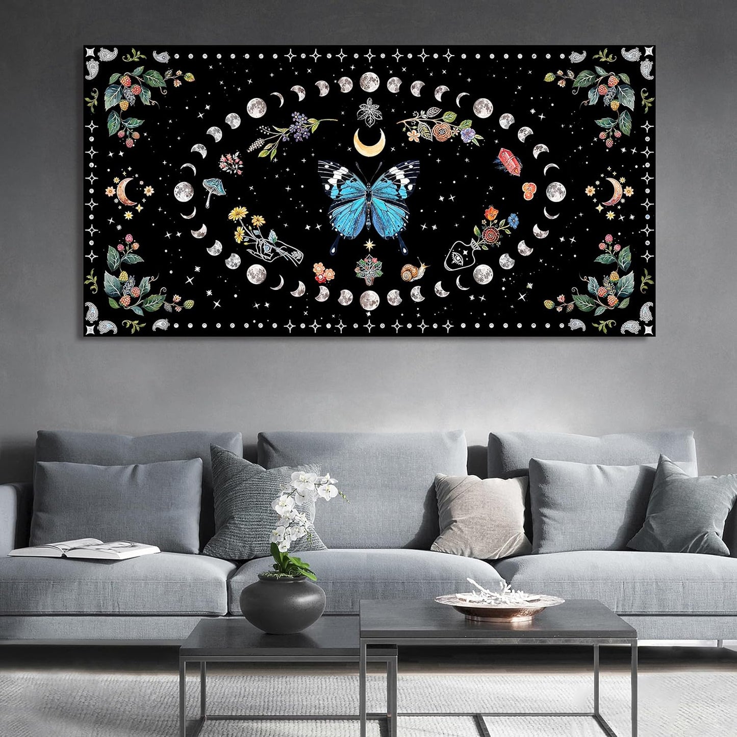 Large Canvas Wall Art Blue Boho Wall art Decor Canvas Art Wall Decor Wall Pictures for Living Room Vintage Butterfly Wall Art Moon Flower Prints Large Artwork for Walls Home Room Decor 29" X 58"