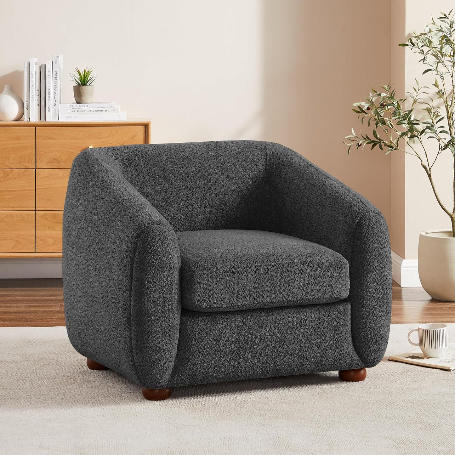 Modern Accent Chair for Living Room, Upholstered Armchair with Boucle Fabric, Single Sofa Chair with Solid Wood Legs, Boucle, Dark Grey