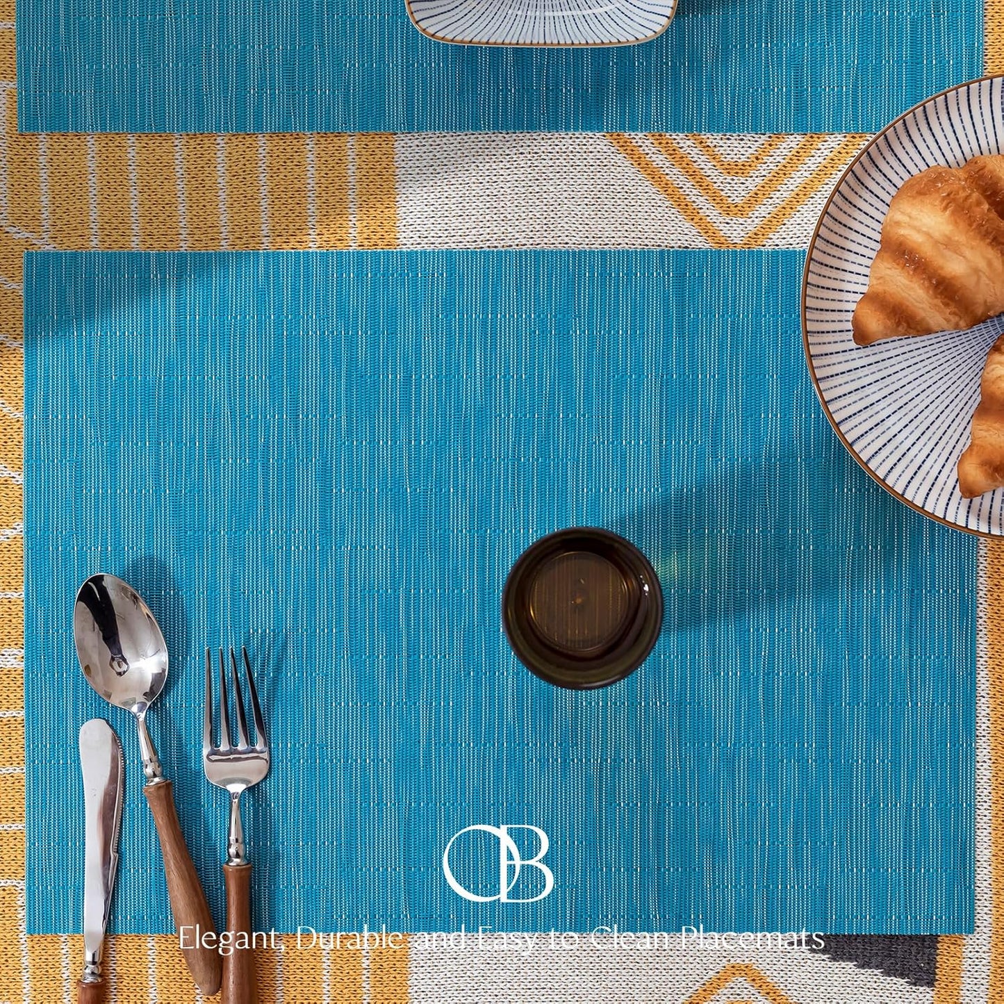 Placemats Set of 8 - Easy Clean Woven Vinyl Placemats for Dining Table, Indoor/Outdoor Place Mats, Washable PVC Table Mats（Teal Blue）