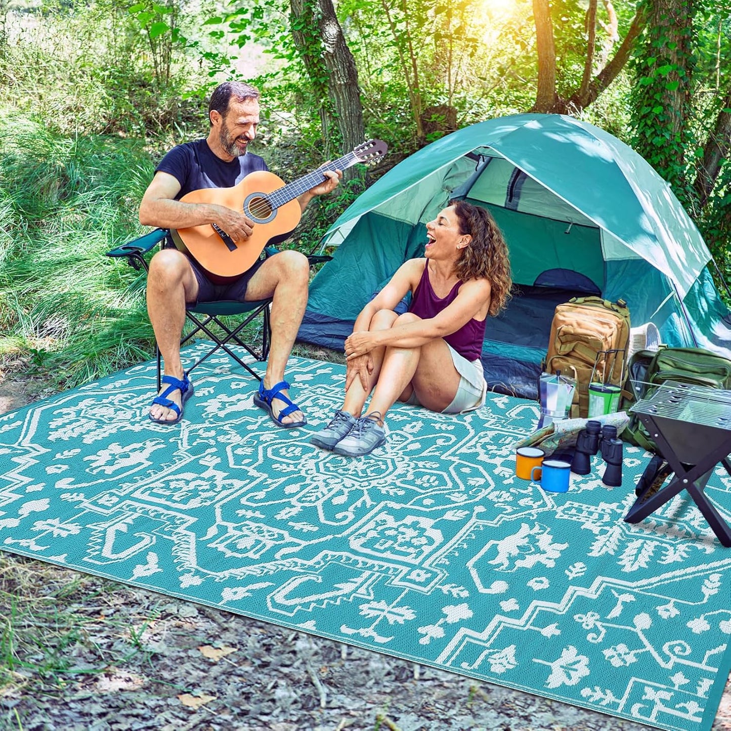 Waterproof Outdoor Rug 9x18 Reversible Plastic Straw Patio Rug, Stain-Resistant Vintage Medallion Carpet, Large Indoor Outdoor RV Mat for Deck, Camping, Balcony, Light Blue/White