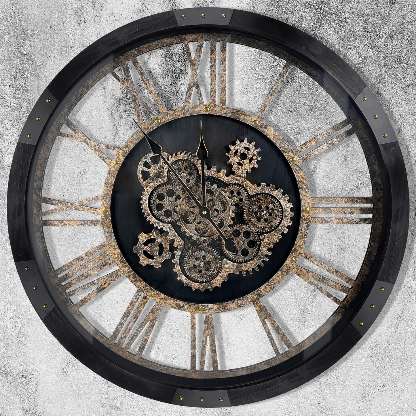 DORBOKER 36" Extra Large Wall Clock with Moving Gears, Oversized Giant Industrial Steampunk Rustic Clocks for Wall Decor Living Room Home Office, Solid Wood Vintage Black and Bronze Gears
