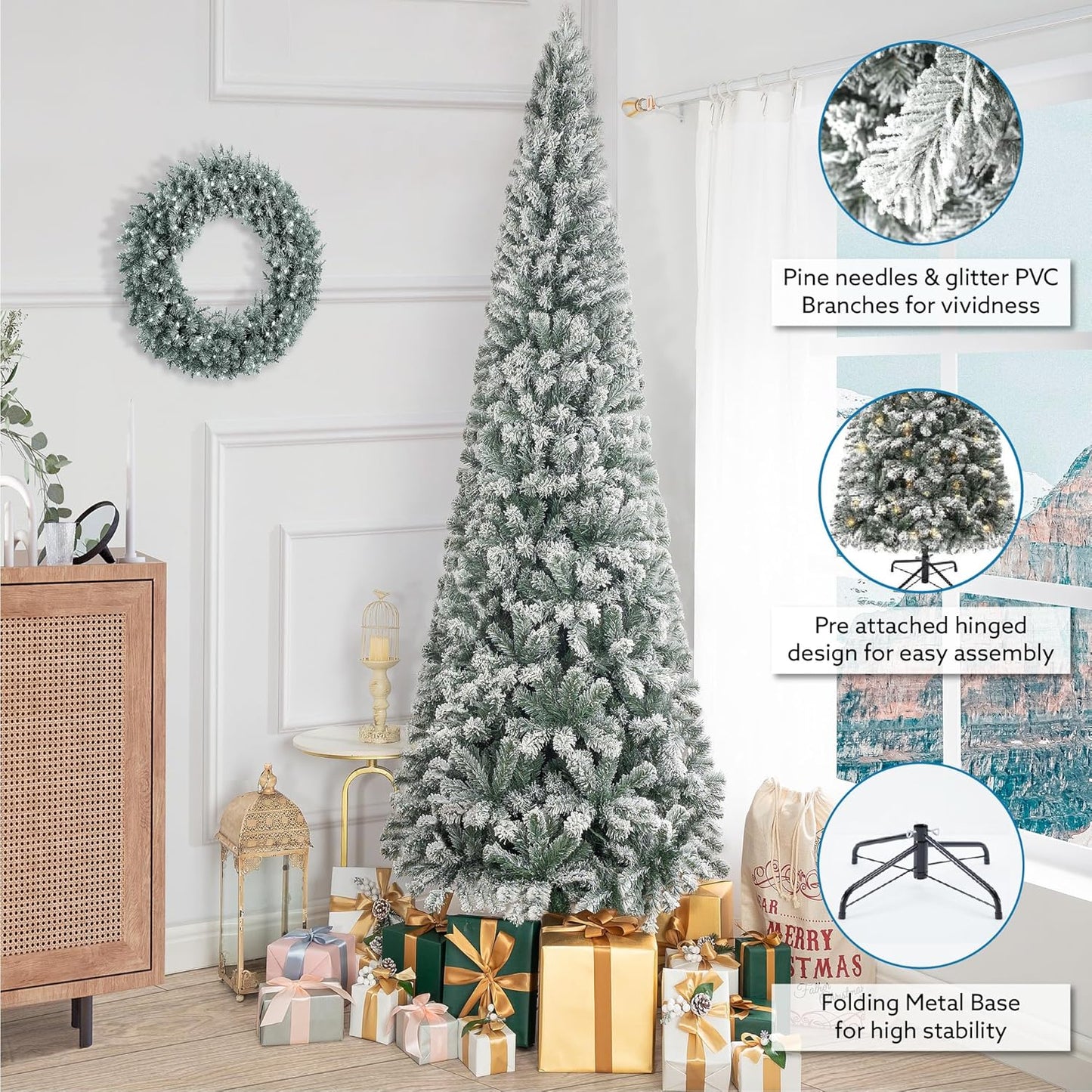 Naomi Home Salzburg 9ft Frosted Prelit Slim Artificial Christmas Tree with 1455 Branch Tips, 500 Warm Lights and Metal Stand, 37" Wide Realistic Snow Flocked Skinny Pencil Christmas Tree