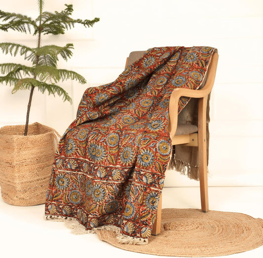 Handmade Cotton Throw Blanket | Floral Block Print in Orange & Navy | 48x70 Inches Fringed Bed Runner | Lightweight Boho Sofa Throw for Couch, Living Room & Bedroom Decor