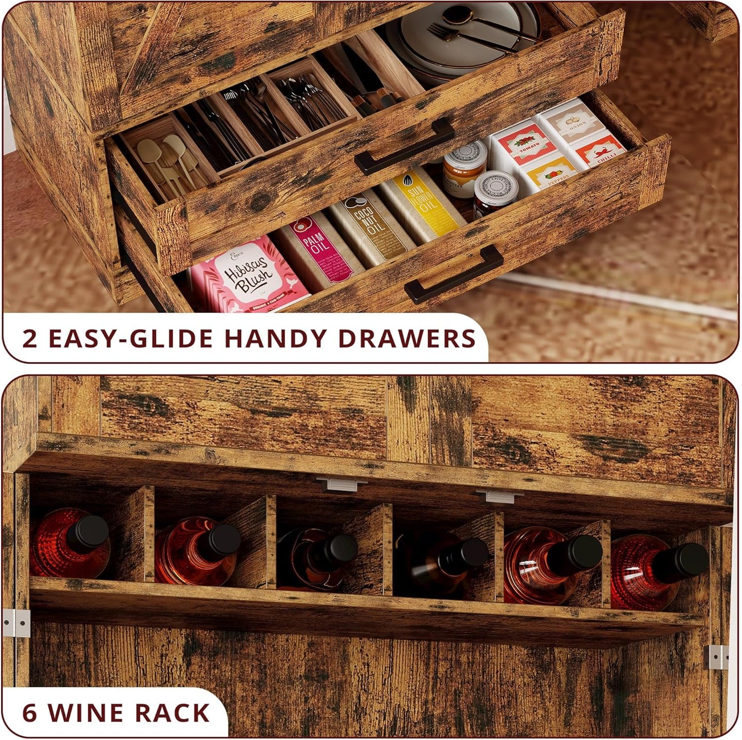 IRONCK Kitchen Pantry 72" Height, with 8 Hanging Shelves, 2 Drawers and Open Storage Cabinet, Freestanding Cupboard for Dining Room Living Room,Vintage Brown