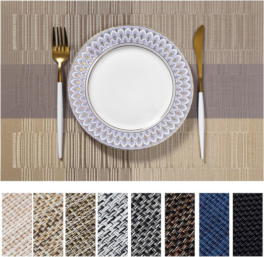 LEXMORE PlaceMats Set of 12 Vinyl/Plastic Woven Place Mats for Kitchen Table Indoor/Outdoor Washable PlaceMat Wipeable Dining Table Mats(Gold Dune)