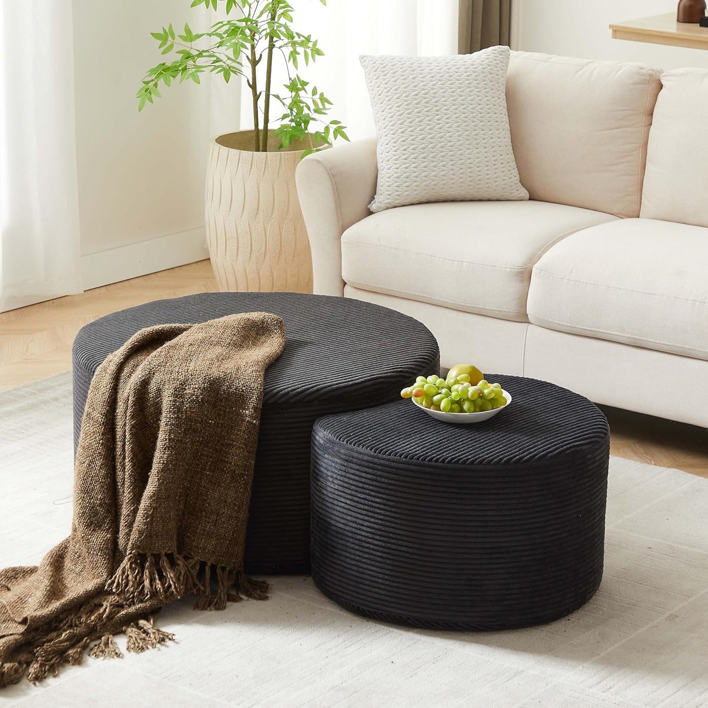 WILLIAMSPACE 50" Foam Nesting Coffee Table Set of 2, Modern Upholstered Round Center Tables for Living Room, Accent Side Tea Table Ottoman, No Assembly - Black