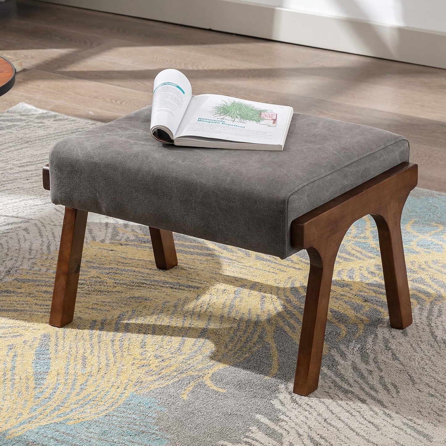 chairus 2 Sets Mid-Century Modern Accent Chairs with Ottoman, Linen Fabric Armchair with Wood Legs Comfy Upholstered Single Sofa Chair for Living Room/Bedroom/Lounge, Grey