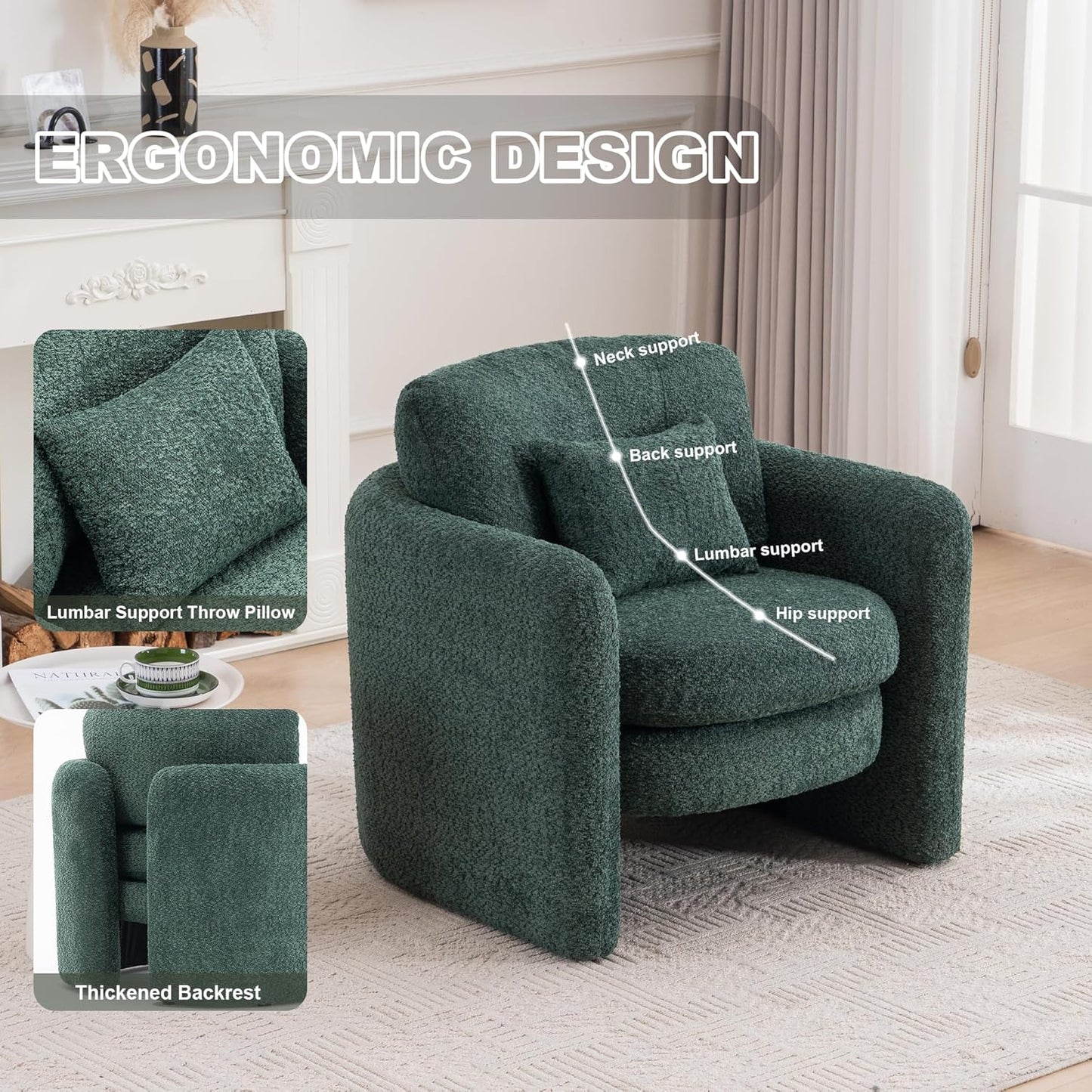 Chenille Accent Armchair Oversize Upholstered Barrel Comfy Modern Round Lounge Sofa Chair with Pillow Cozy Reading Chairs for Apartment,Office,Living Room,Dining,Makeup,Club,Green 2SET