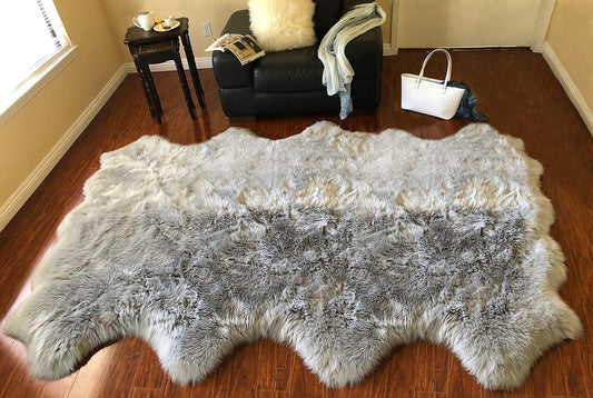 LAMBZY Faux Sheepskin Hypoallergenic Free Shape Silky Shag Rug, Luxury Shaggy Silky Plush Carpet for Bedrooms Rugs Living Room Kids Rooms Sofa Floor Rugs (Octo 8 Pelts 6'x8', 180x240cm, Grey)