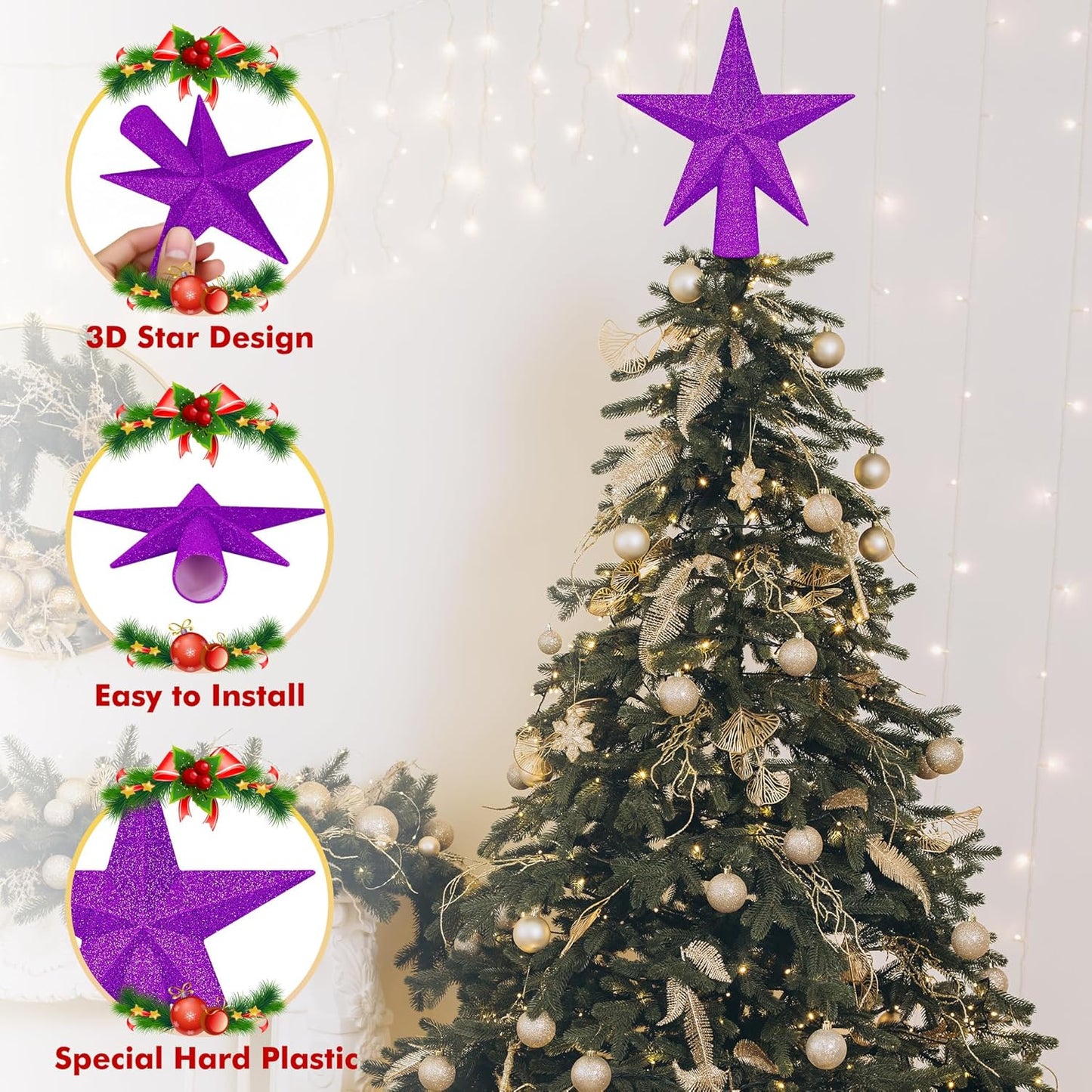 Christmas Tree Ornament, 6" Purple Star Christmas Tree Topper Decorations, Xmas Glitter 3D Bethlehem Star Tree Ornament, Waterproof Holiday Christmas Tree Topper Accessories for Home Outdoor