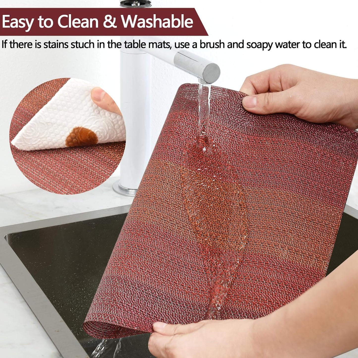 Placemats Set of 8 - Easy Clean Washable Vinyl Placemats - Wipeable Heat Resistant Table Mats for Dining Table - 17.7x11.8 Inch (8, Red Gradient)