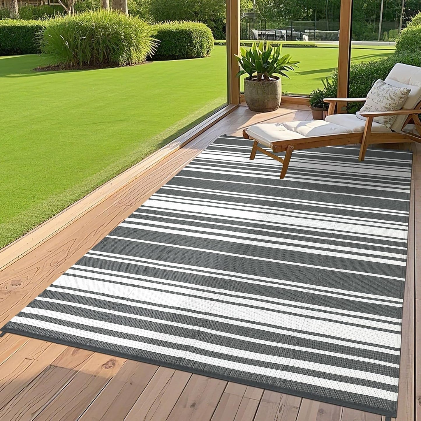 Outdoor Plastic Straw Rug 9x18 Waterproof Outside Rug, Large Modern Striped Reversible Floor Mats, Foldable & Lightweight Camping Carpet for Patio, Porch, Deck, Backyard, Balcony, Grey