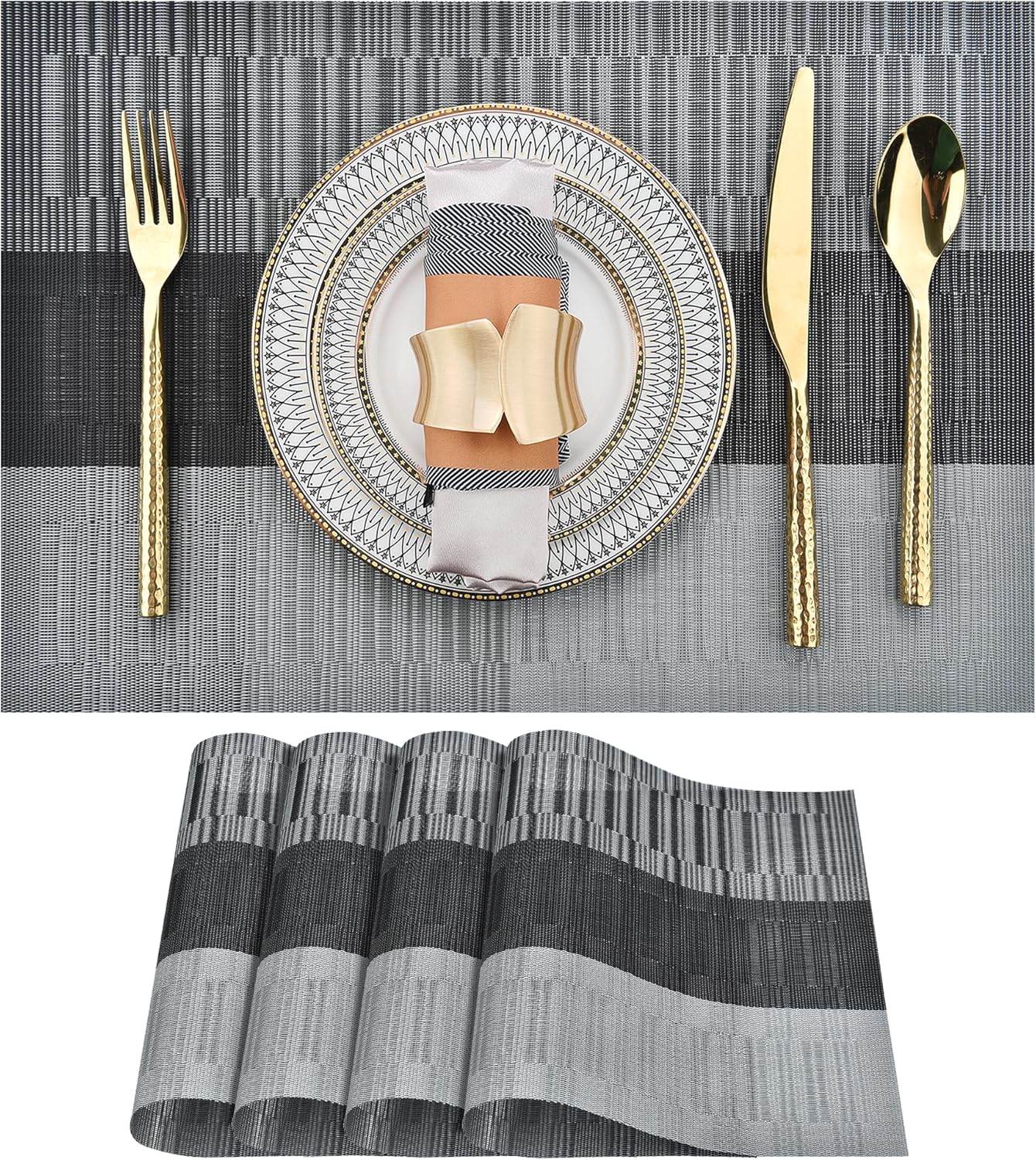 Placemats Set of 4 - Washable Easy Clean Vinyl Placemats - Heat Resistant PVC Place Mats for Dining Table - (Black and Gray, 4)