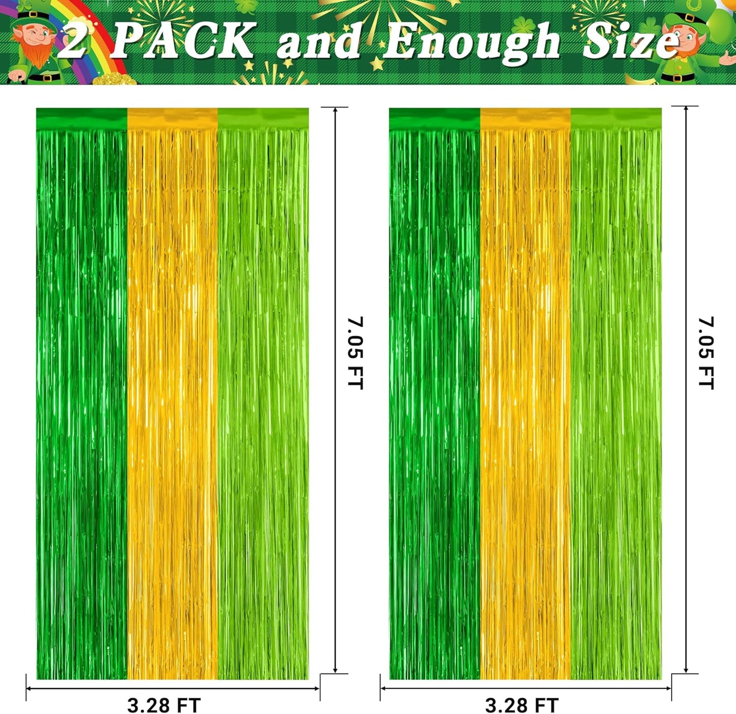 2 Pack St Patrick Party Decorations, 3.28 FT x 7.05 FT Green Gold Light Green Backdrop Curtains, Metallic St.Patrick Fringe Curtains Party Streamer Tinsel Backdrop, St Patrick Party Supplies