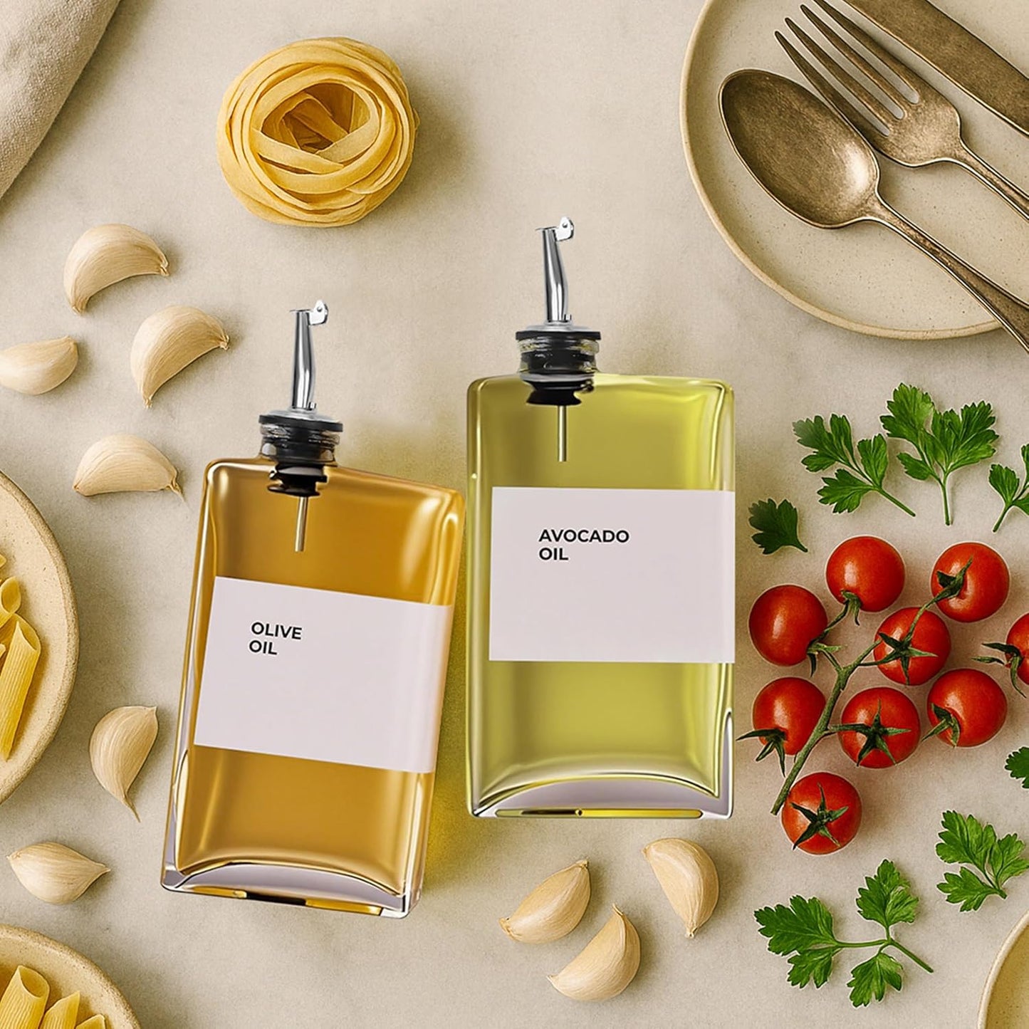 Olive Oil Dispenser Bottle - Includes 44 Kitchen Essential Labels - Cooking Oil Bottles for Kitchen, Coffee Syrup Dispenser - Pourer Spout with 11.8 fl oz Glass Container Cruet - 2pcs Silver