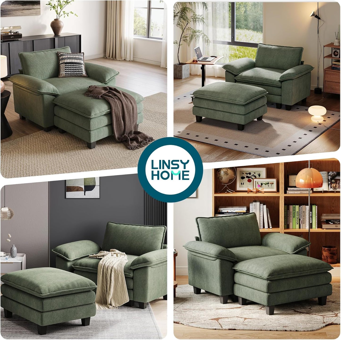 LINSY HOME Sofa Chair with Movable Ottoman - Corduroy Cloud Couch Chair Soft Comfy Modern Sofa Chaise Single Sleeper Chair Bed for Living Room Apartment Office, Green